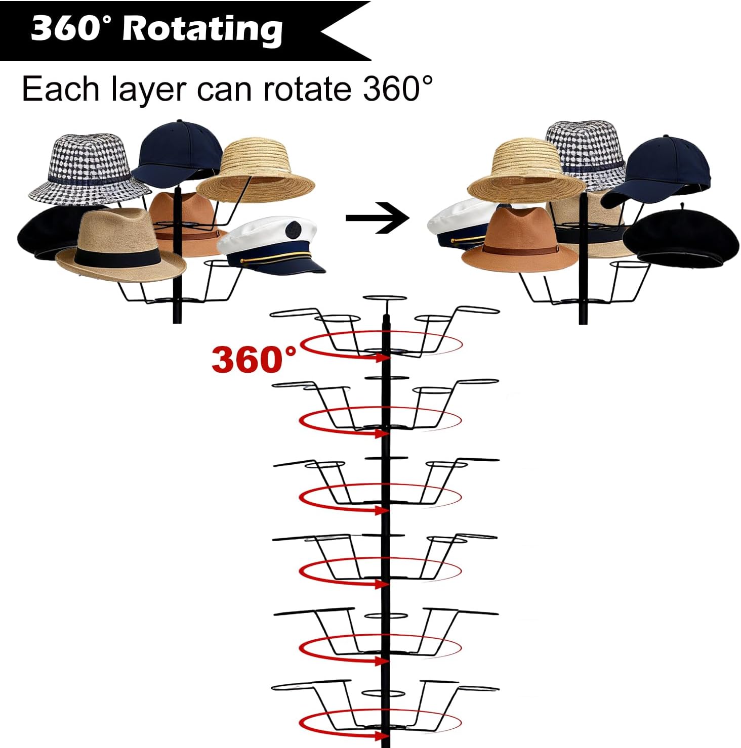 uyoyous 6-Tier Hats Display, 30 Hooks Rotating Hat Rack Stand with Lockable Wheels, Adjustable Commercial Retail Hats Organizer for Ball Cap, Straw Hat, Beret, Wig, Black