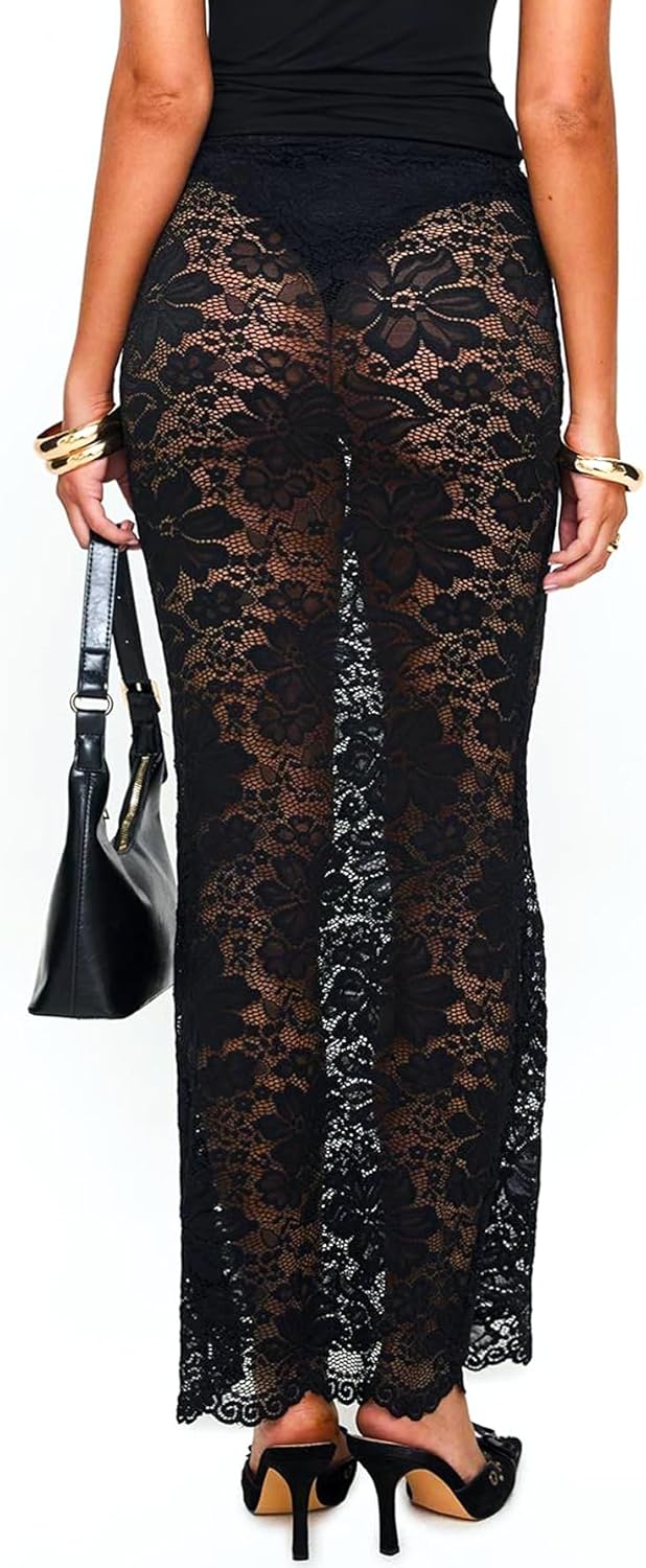 OZICERD Women Sheer Maxi Skirt Mesh Lace See Through Long Skirts Bodycon Pencil Skirt Coquette Rave Concert Outfit Cover Up - Image 4