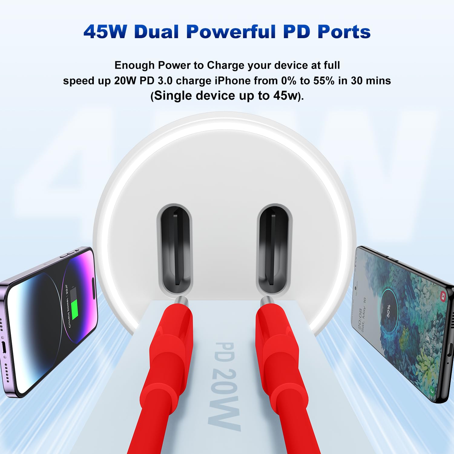 iPhone 14 13 Car Charger, Certified 45W Dual Port USB C Rapid Apple Car Adapter with 6ft Type C to Lightning Cable Fast Charging for iPhone 14 Pro/14 Pro Max/14 Plus/13/12/11/X/XS/SE,iPad-Red