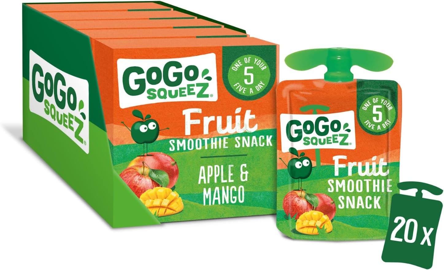 GoGo squeeZ Fruit Smoothie Snack, Apple Mango, 100% Real Fruit Blend, 20 x 90g Pouches, Snack for Kids & Adults, Gluten-Free, Vegan, No Added Sugar, School Lunchbox Friendly, On-the-Go Snacking