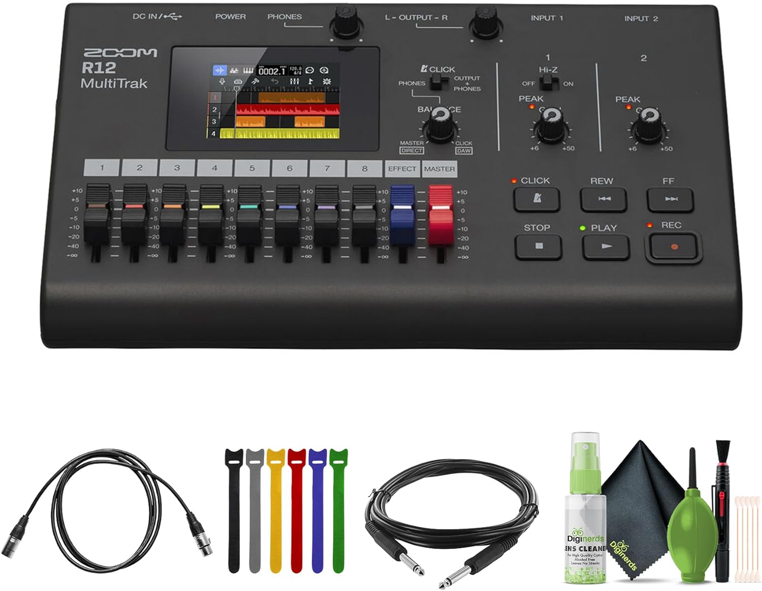 Zoom Digital Multitrack Recorder (R12) + 10 Ft XLR Cable + Cleaning kit + Wire Straps + Balanced Interconnect, 1/4 inch TRS to Same, 15 ft