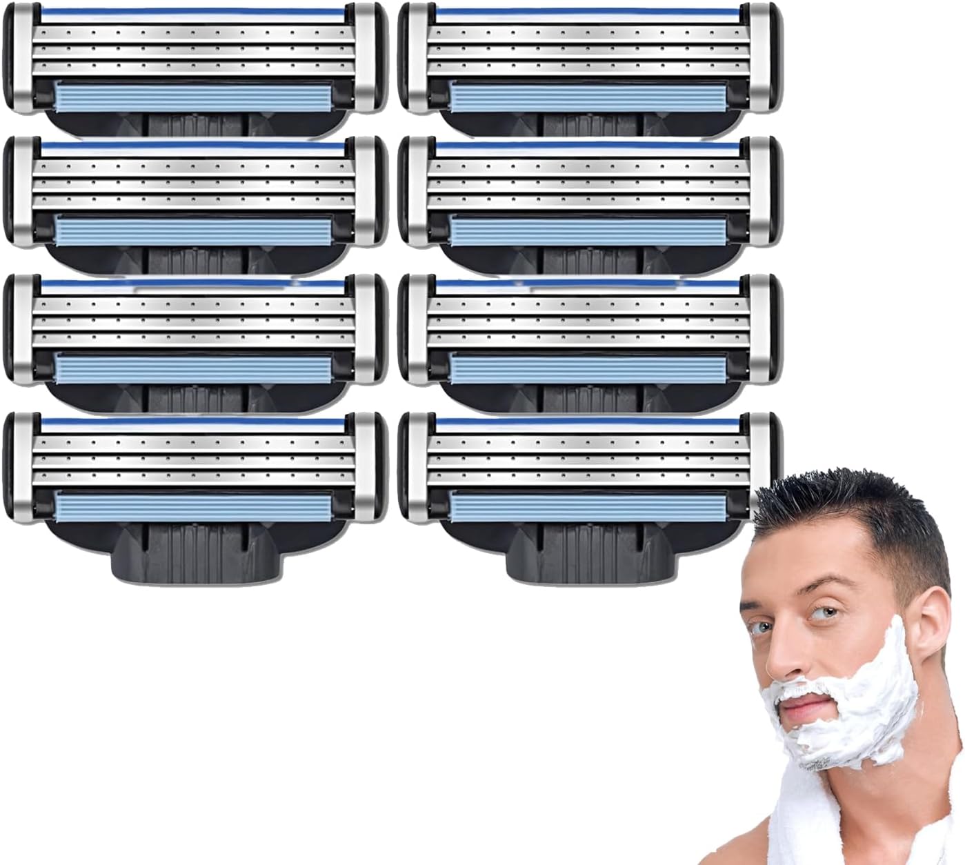 Razor Blades Refills, Manual Turbo Mens Razor Blade 3 Layers Refills, Hair Removal Device Blades for Men, Designed for Sensitive Skin-Use with Shaving Cream for Shaving (8Pcs)