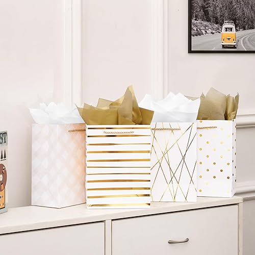 Miniatura 5 de Nihuecne Bolsas de regalo de 9 pulgadas de tamaño mediano con papel de seda, paquete de 4 bolsas de regalo de papel de envoltura de oro blanco con