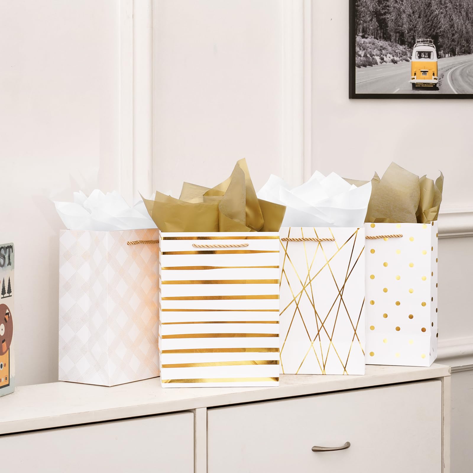4 Sacchetti Regalo Medi Con Carta Velina: Oro E Bianco, 22,9x17,2x10,2 Cm, Per Matrimoni E Feste