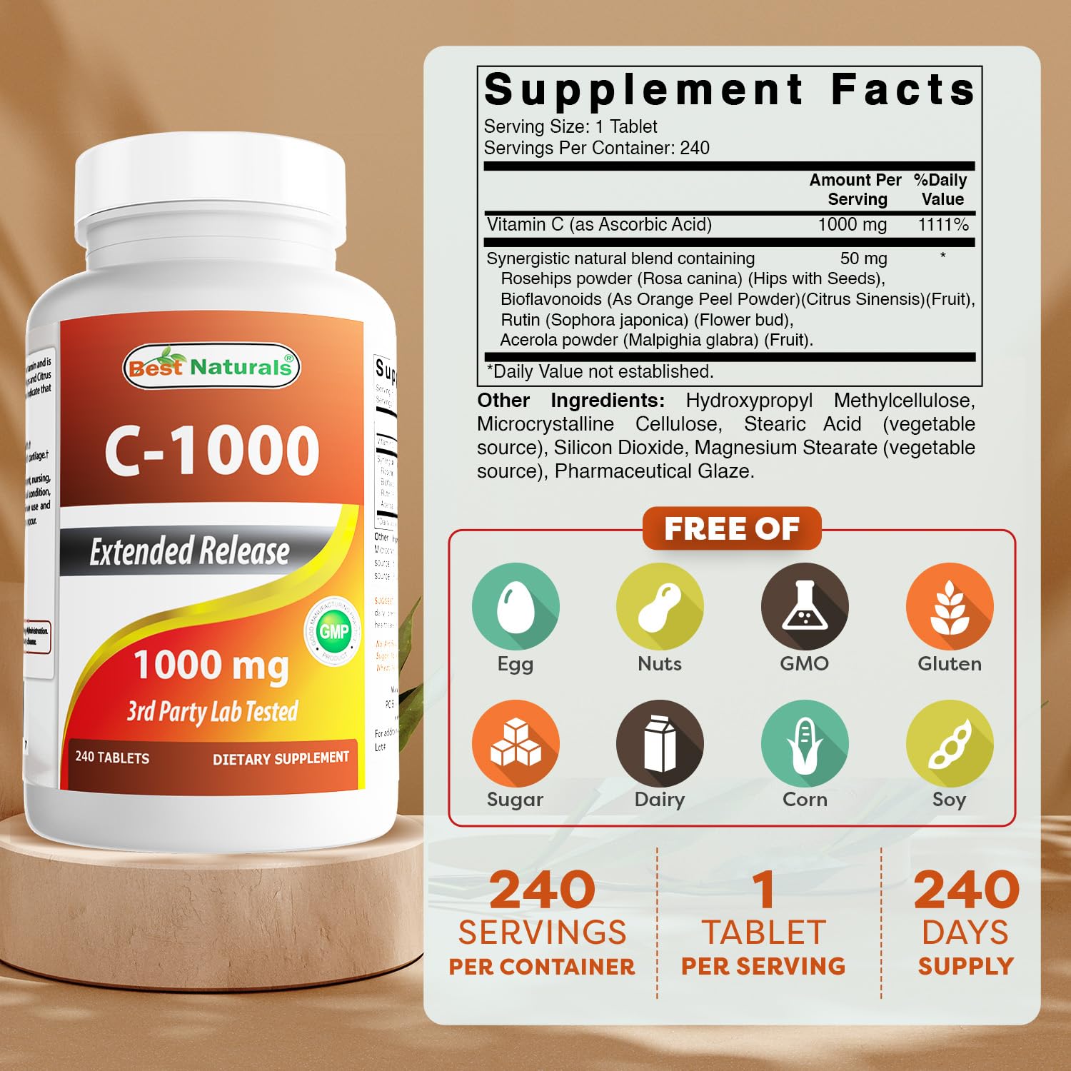Best Naturals Vitamin C 1000 mg Tablets with Rose Hips, Berry 240 Count (Pack of 1) — Amazon image 2