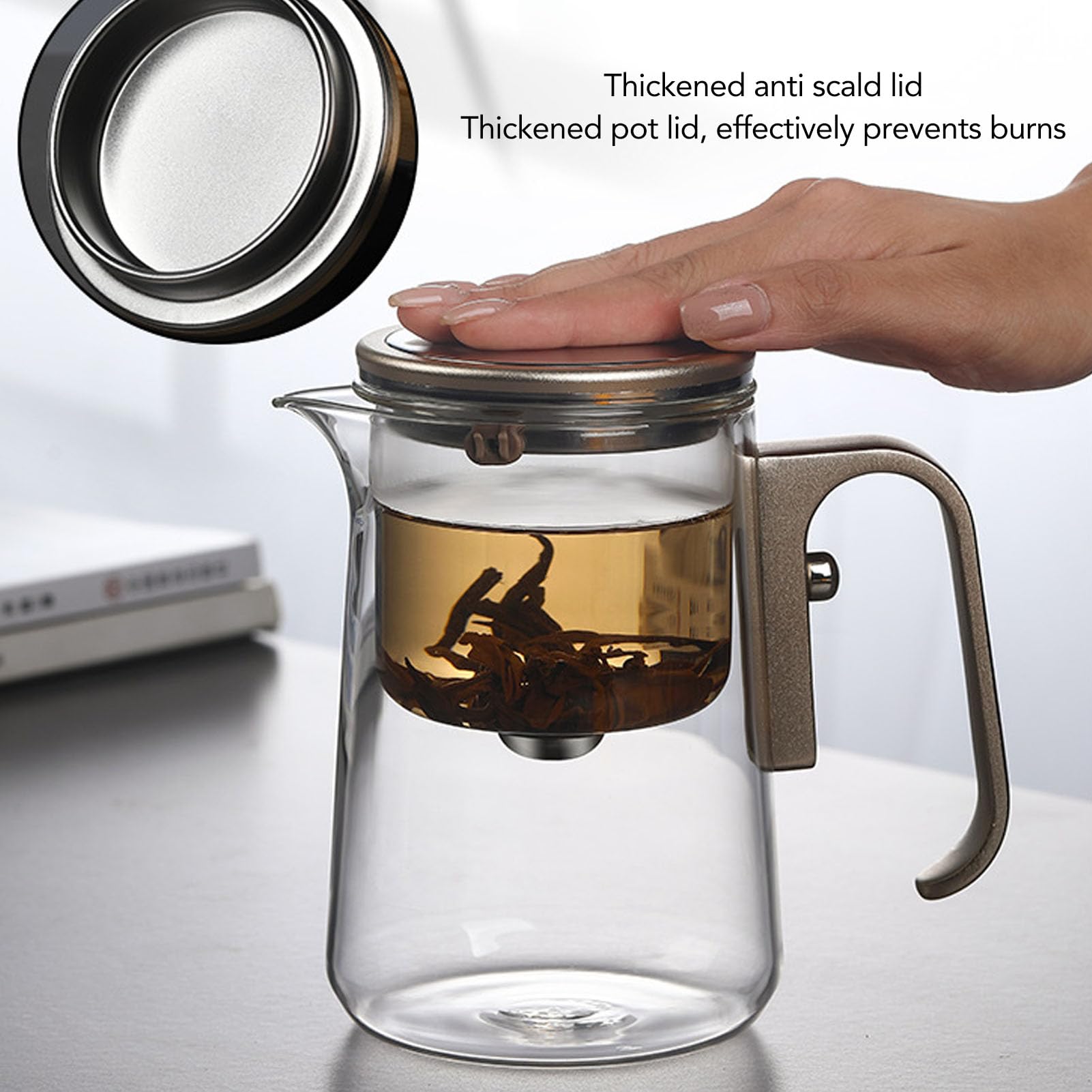 Luocute Szklany Dzbanek do Herbaty, Dzbanek do Herbaty o Pojemności 800 Ml z Oddzielaniem Wody, z Wyjmowanym Sitkiem ze Stali Nierdzewnej i Ergonomicznym Uchwytem ze Stopu Aluminium,