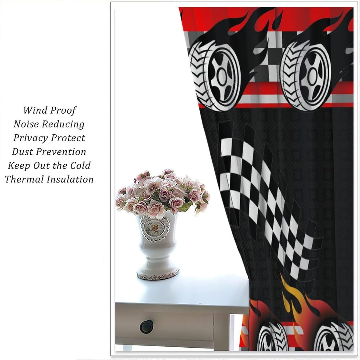 Racing Kids Curtains Boys Red Racing Bedroom Curtains Race Track Flag Pattern Living Room Curtains Set of 2 42x45 Inches