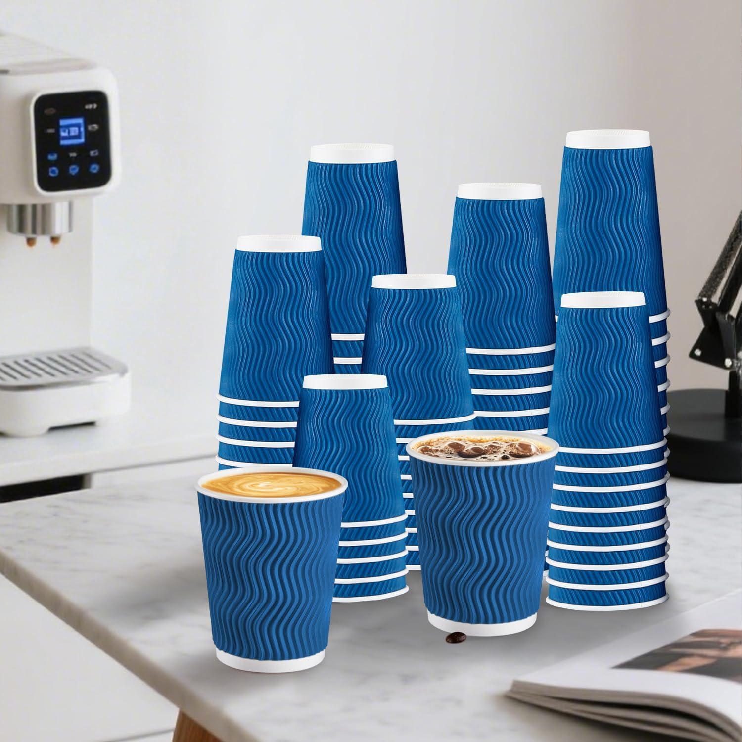 Lamosi 10 oz Coffee Cups - 120 Pack, 10oz Disposable Insulated Corrugated Paper Cups Kraft Ripple Wall for Hot Beverage or Cold Drinks (Navy)