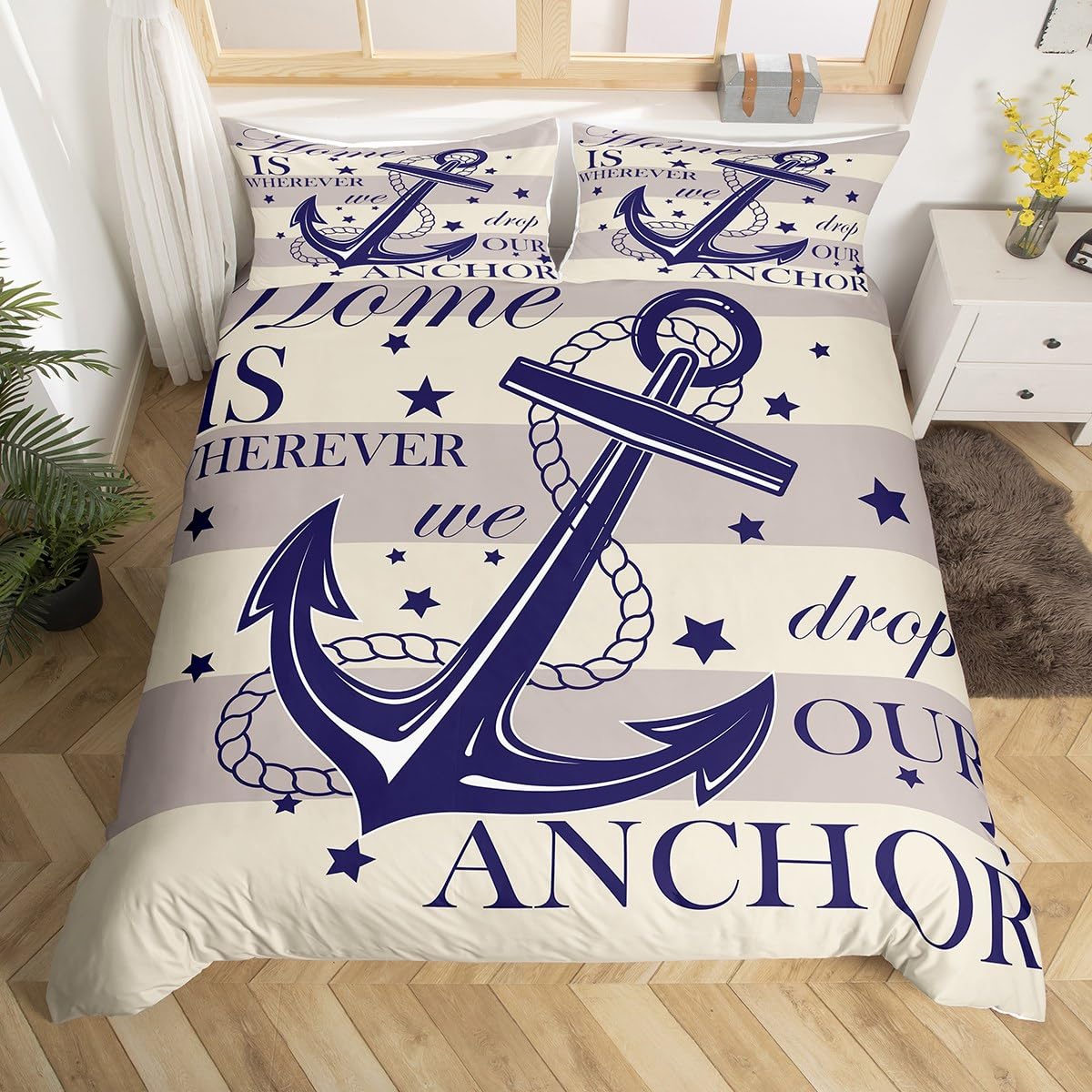 Homewish Nautical Anchor Duvet Cover Double, Blue and White Bedding Set for Kids Boys Teens, Farmhouse Geometric Striped Comforter Cover, Coastal Mediterranean Quilt Cover Bedroom Decor with Zipper