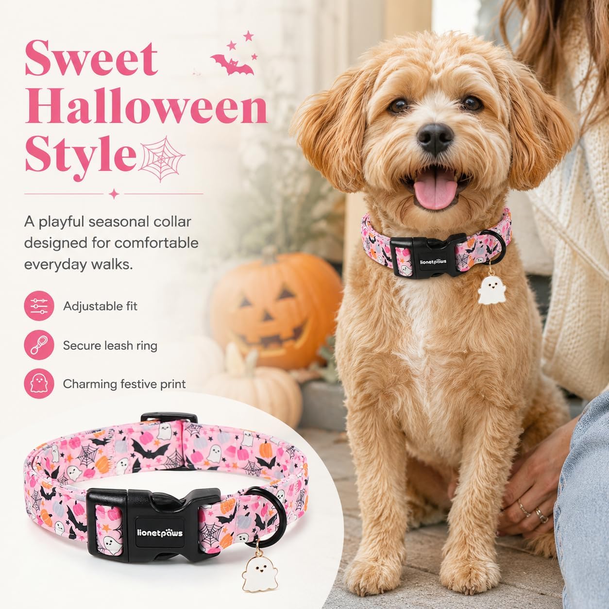 LIONET PAWS Halloween Dog Collar for Small Medium Large Dogs Pink Ghost L image 3