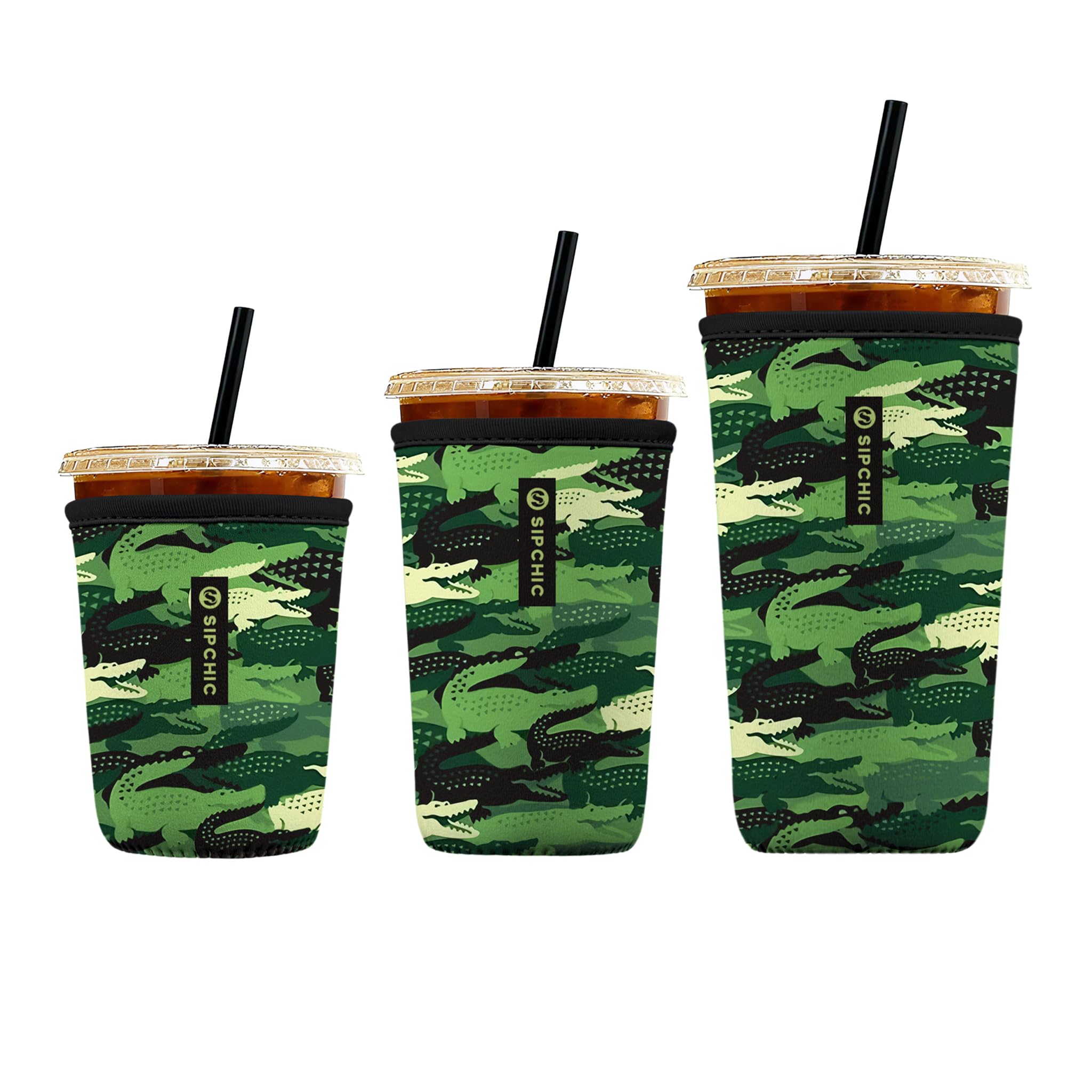 Iced Coffee Sleeve – Neoprene Reusable Cup Sleeves for Drinks, Insulated Drink Sleeves to Keep Hands Dry &amp; Drinks Cold, Stylish &amp; Durable Coffee Sleeves (Crocodile Camo, S/M/L 3-Pack)
