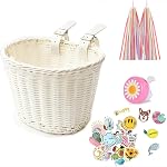 Kid's Bicycle Basket,Colored Tassels Wicker Front Handlebar Bike Basket Handlebar with Streamers Bell and Stickers,Bicycle Decoration for Girls and Boys