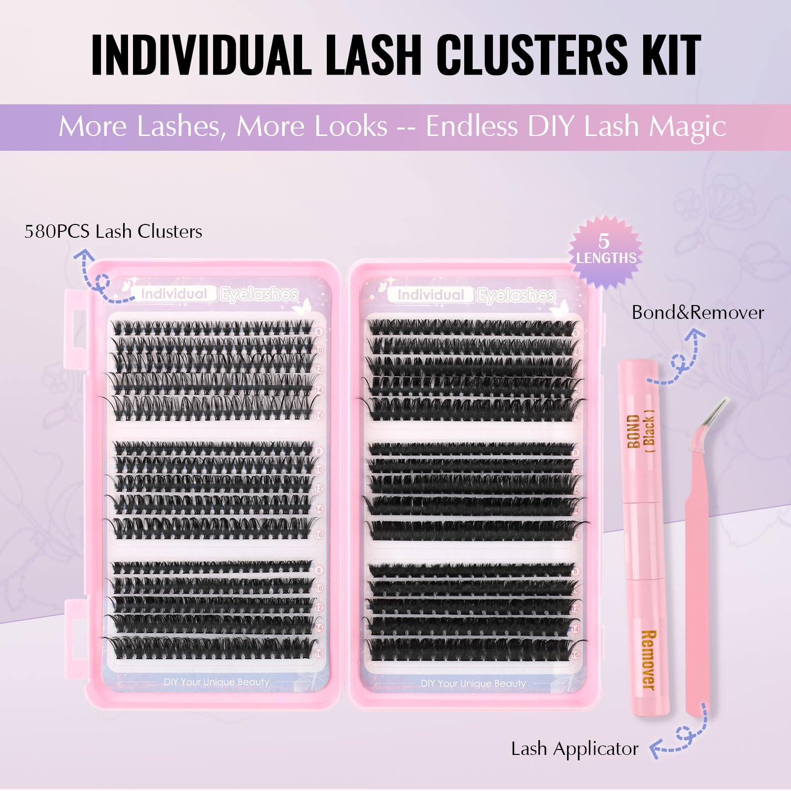 Silkiwinki Individuel Eyelashes Set 580PCS Natural Cluster Lashes Book with Bond&Remover and Lash Tweezers D Curl False Lashes 8-16MM(30D+40D+50D+60D+80D+100D) - Image 2
