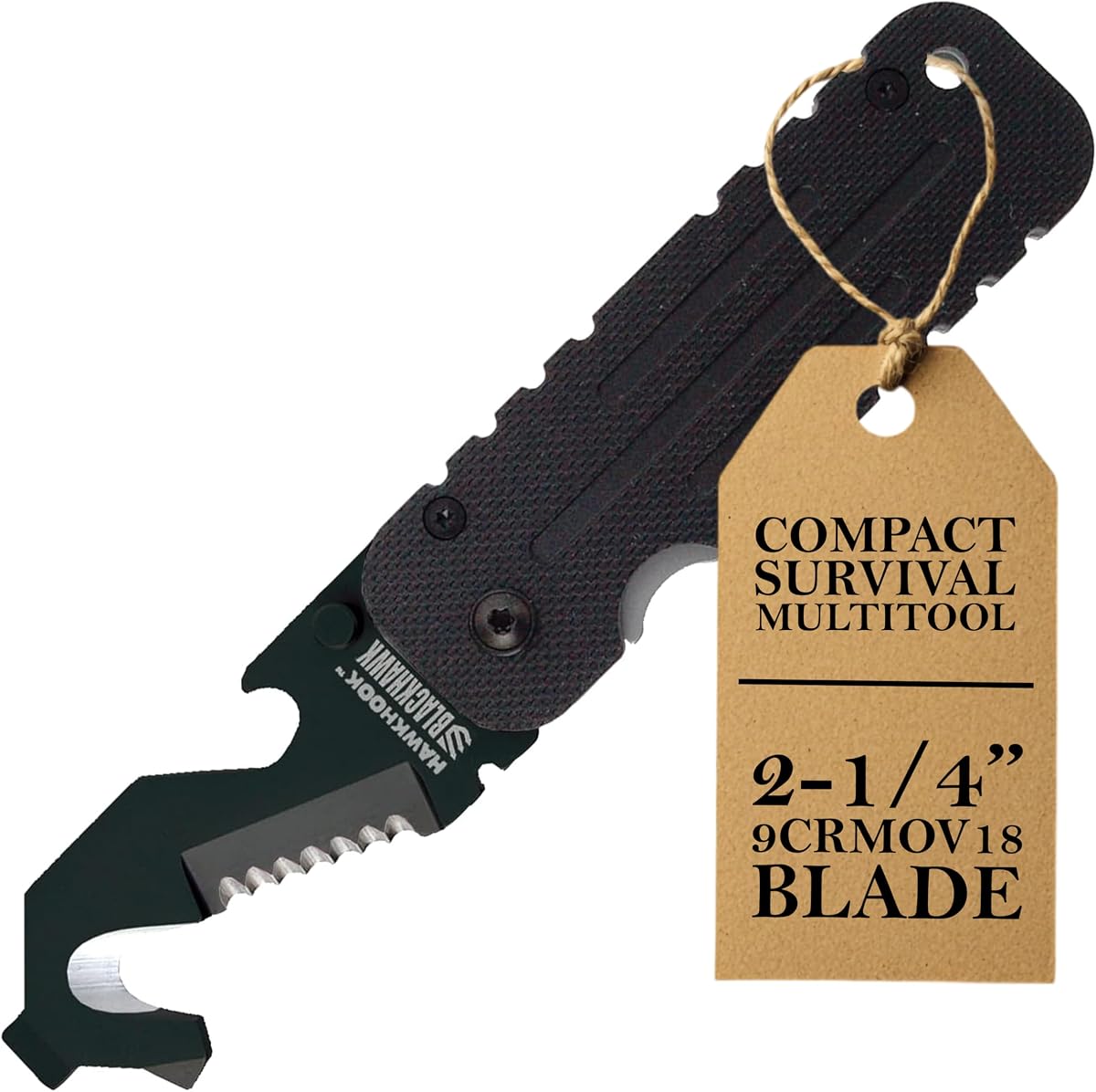 BLACKHAWK HAWKHOOK Multiherramienta compacta de supervivencia, hoja 9CRMOV18 de 2-1/4" con mango G10 con rompevidrios, cortador de cinturón de seguridad, borde dentado, pelacables, destornillador, abridor de botellas (BH15HH11BK)