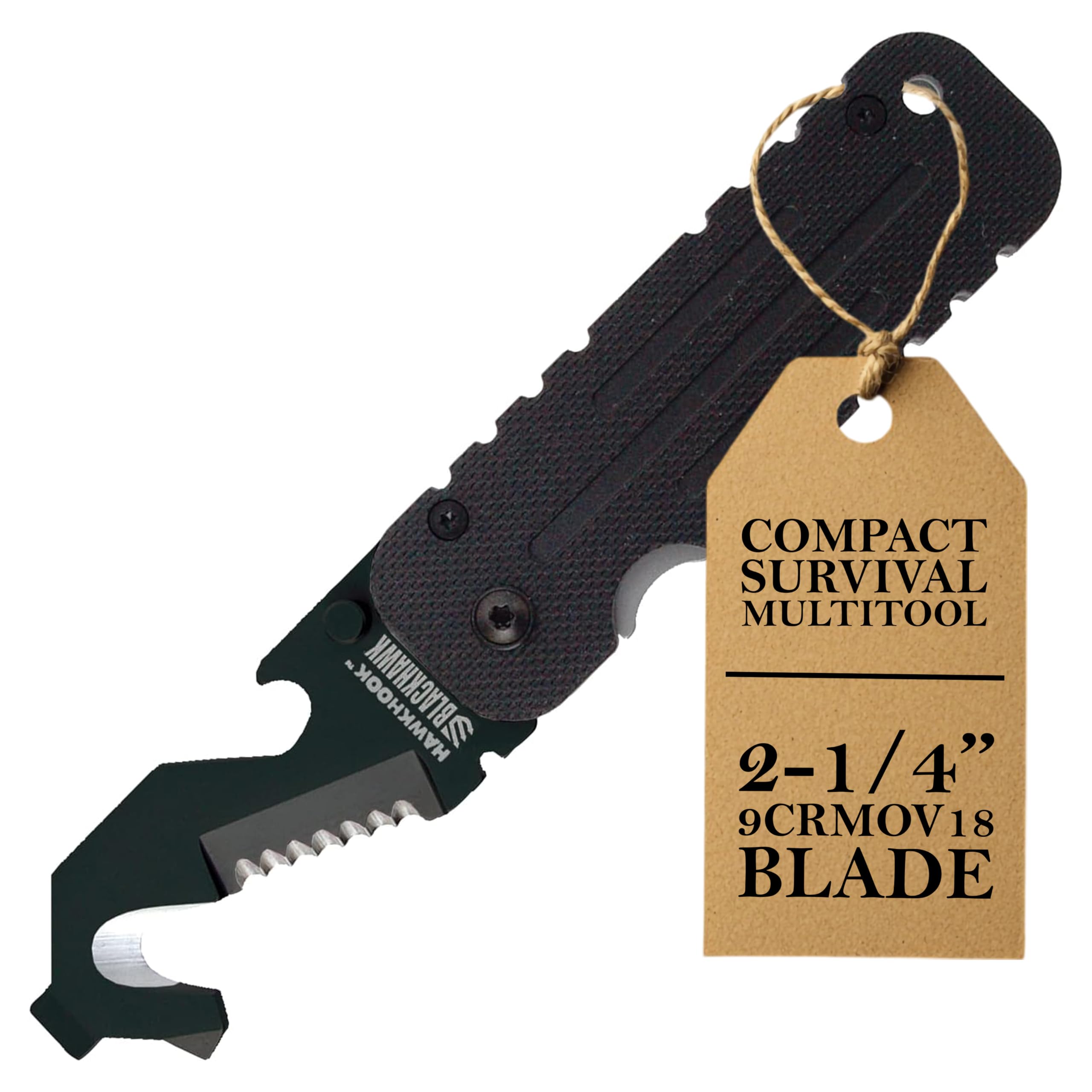 BLACKHAWK HAWKHOOK Compact Survival Multitool, 2-1/4” 9CRMOV18 Blade with G10 Handle with Glass Breaker, Seatbelt Cutter, Serrated Edge, Wire Stripper, Screwdriver, Bottle Opener (BH15HH11BK)