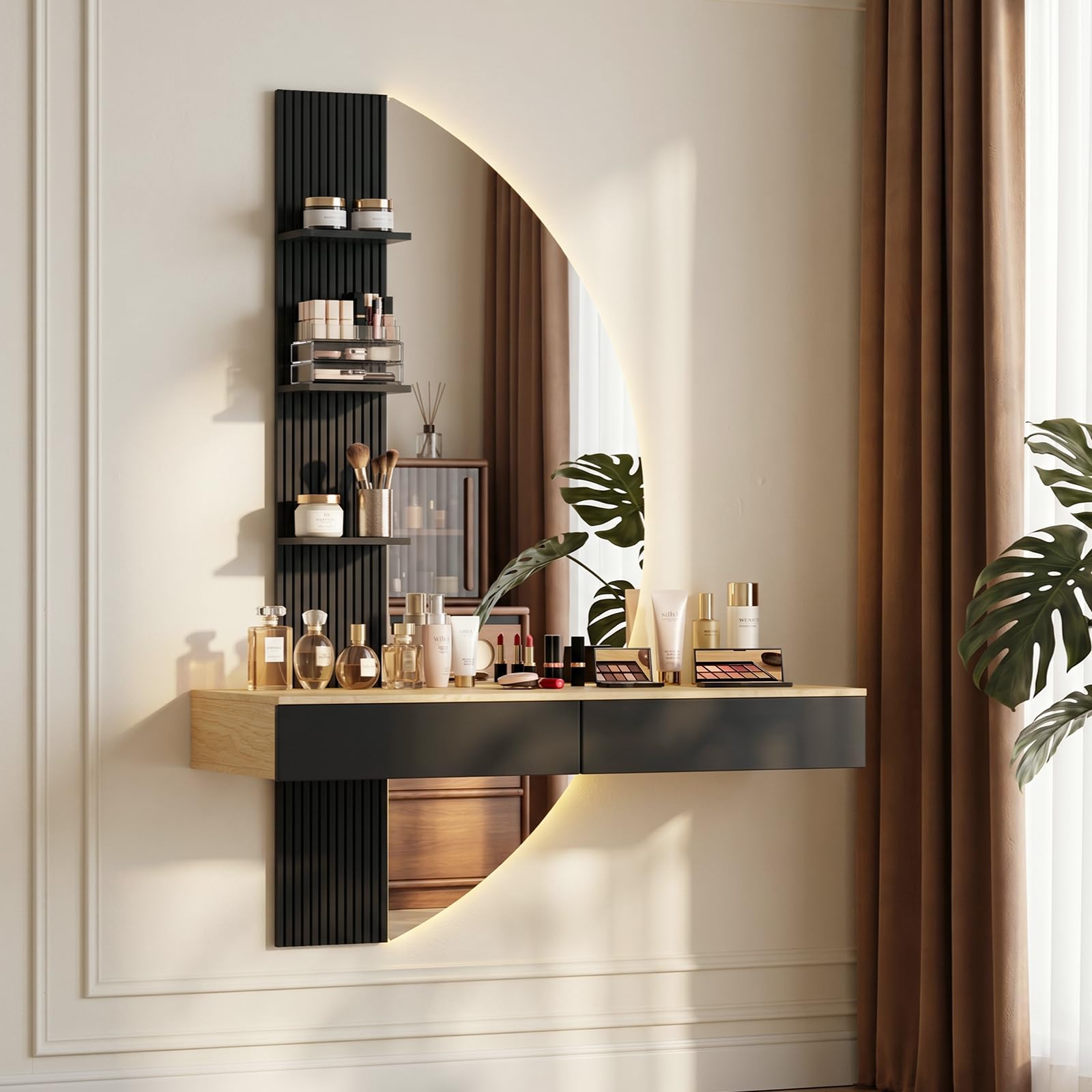 JUMMICO Toeletta da parete sospesa con specchio HD e illuminazione LED, dimmer touch, 3 temperature di colore e cassetti (Nero)
