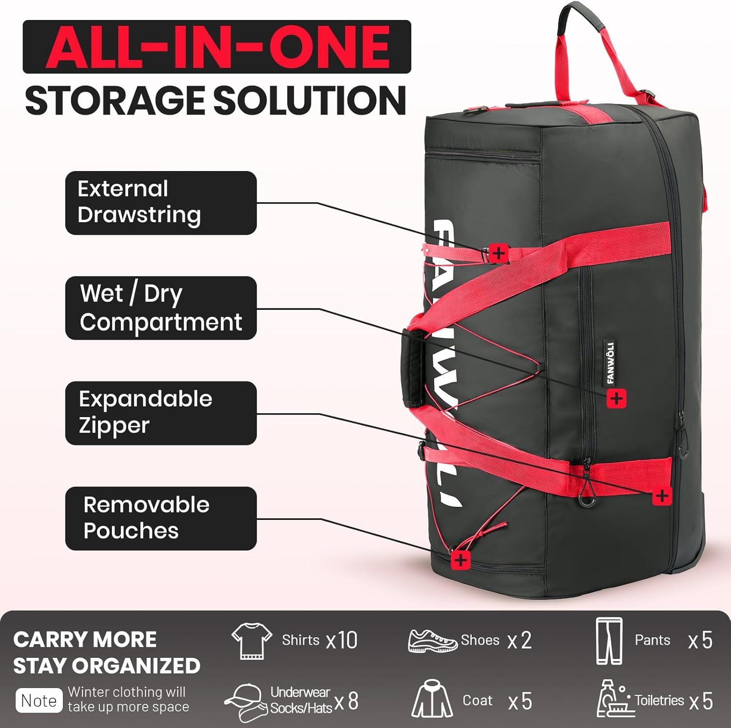 Fanwoli Collapsible & Expandable 100L-120L Large Rolling Duffle Bag - 30'' Waterproof Wheeled Luggage with No-Sag Heavyload Design, Lock & Soft Handle for Travel, Camping, Dorm, Moving - Image 5