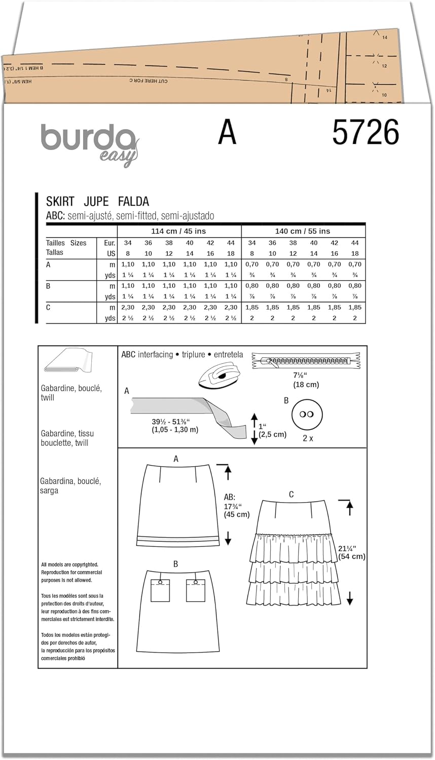 Burda X05726BURDA Easy to Make Misses' Summer, Boucle, and Mini Skirt Sewing Pattern Packet, Design Code B5726, Sizes 8-18 (34-44)