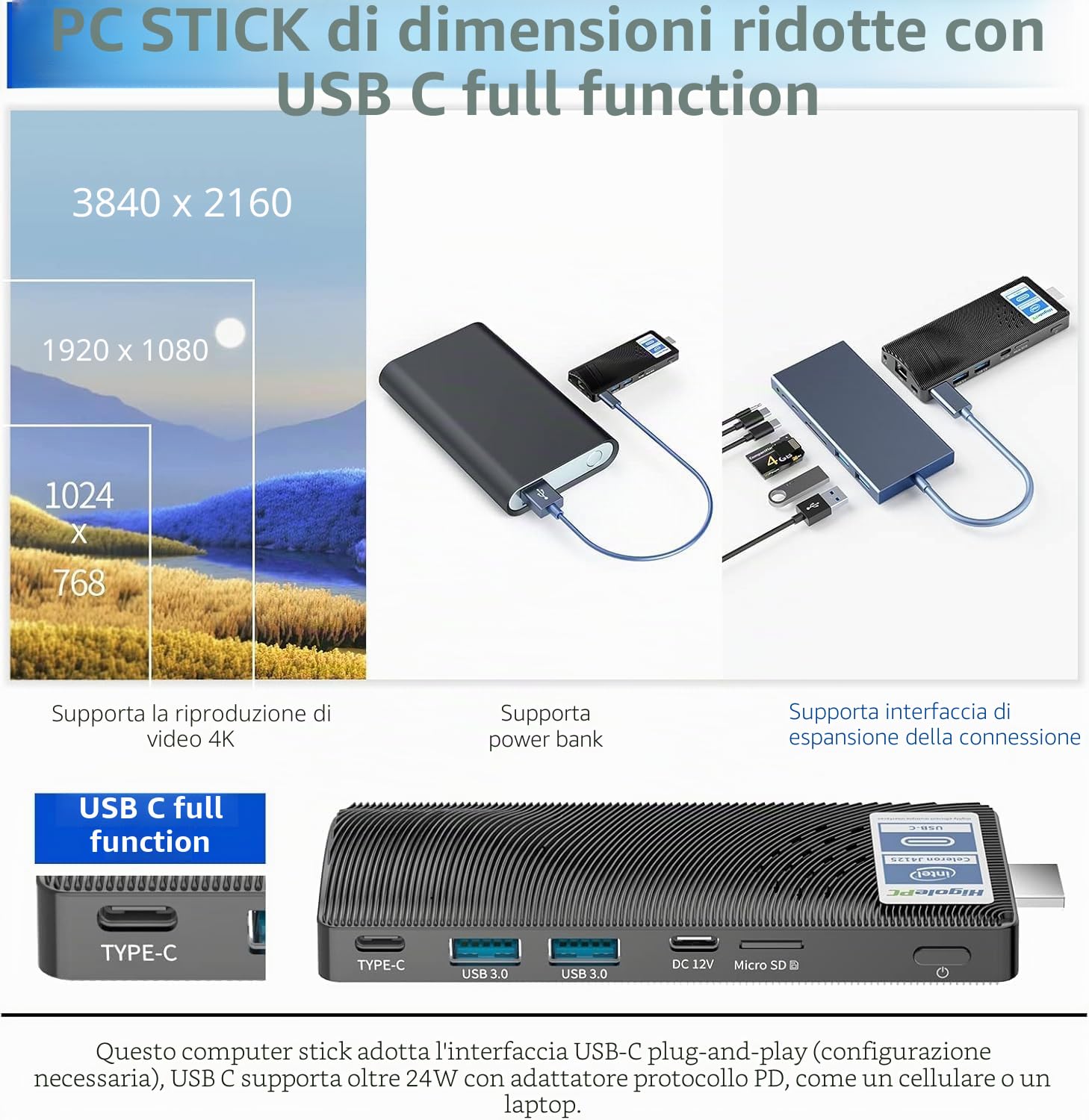 Mini PC Stick,Win 11 8 GB RAM 128 GB eMMC Celeron J4115 2.7 GHz, USB-C Fanless Desktop PC, USB3.0 X 2, RJ45 Gigabit Ethernet 4K 60Hz, WiFi BT 5.2, HDMI 2.0 per affari, casa, ufficio