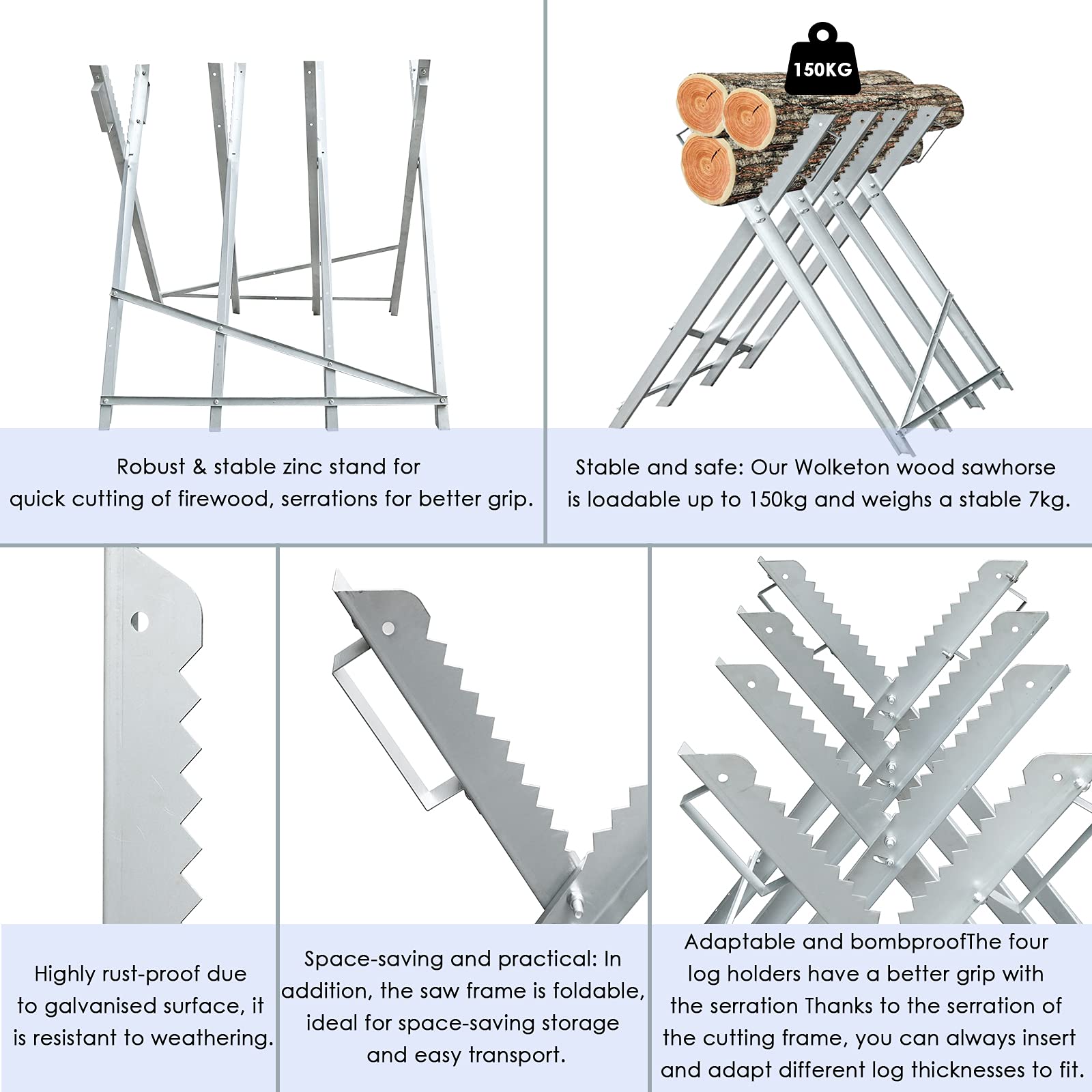 chevalet de sciage pour tronçonneuse, structure de scie à bois en métal galvanisé, chevalet pliable pour sciage à bois 150 kg, charge maximale : 81 x 80 x 80 cm