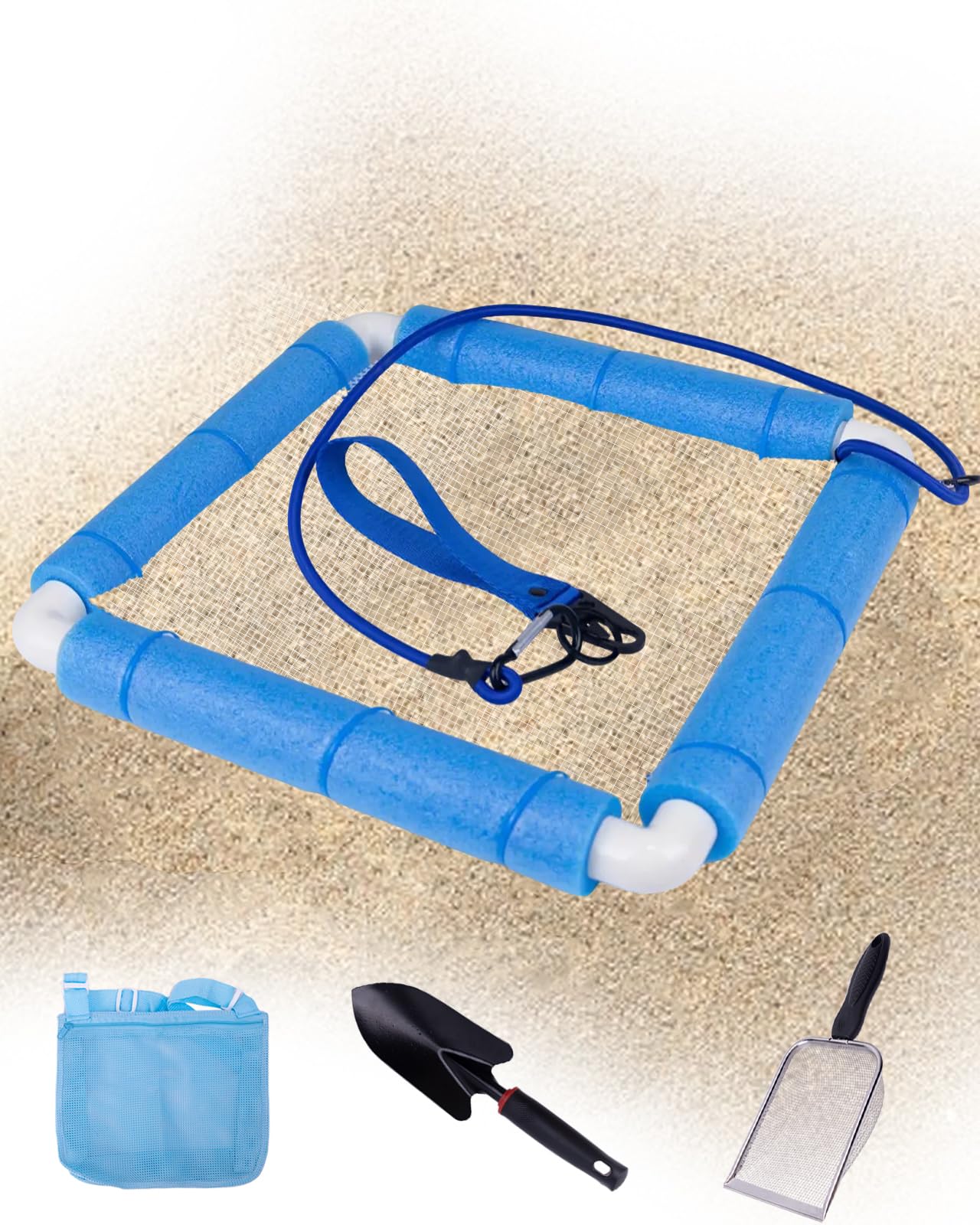 Shark Tooth Sifter Set,Stainless Steel Mesh,Includes Black Shovel,Beach Bag,Beach Mesh Shovel,Lightweight Floating Sand Sifter for Shark Teeth,Durable with Comfortable Grip and Wrist Strap (Blue)