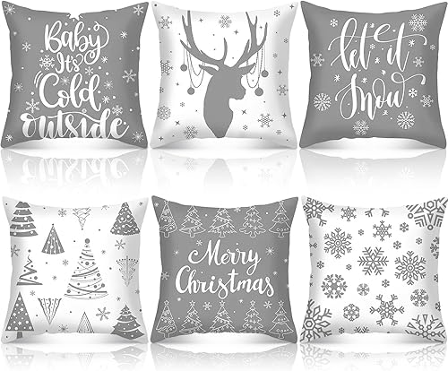 6 fundas de almohada de Navidad de 18 x 18 pulgadas, fundas de almohada de Navidad, fundas de almohada de invierno con copos de nieve, decoración