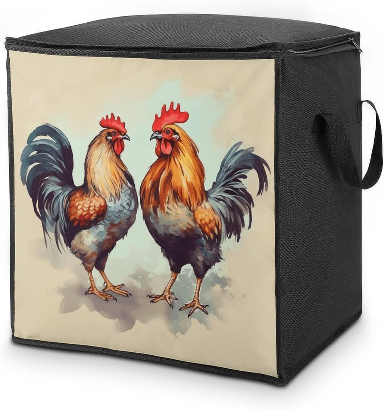 Rooster And Hen Storage Bag with Zippers And Handle Extra Large Bedding Comforter Storage Bag Foldable Blanket Storage Bags Fabric Moving Bags for Closet Organizer (70L)