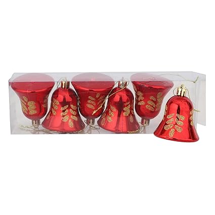 Smizzy Christmas Red Golden Big Bells (Pack of 6) Ornaments Decoration, Tree Bells with Hanging Loop for Xmas Tree Holiday Wedding Party Decor (7cm/3 inch Height Each, Red)