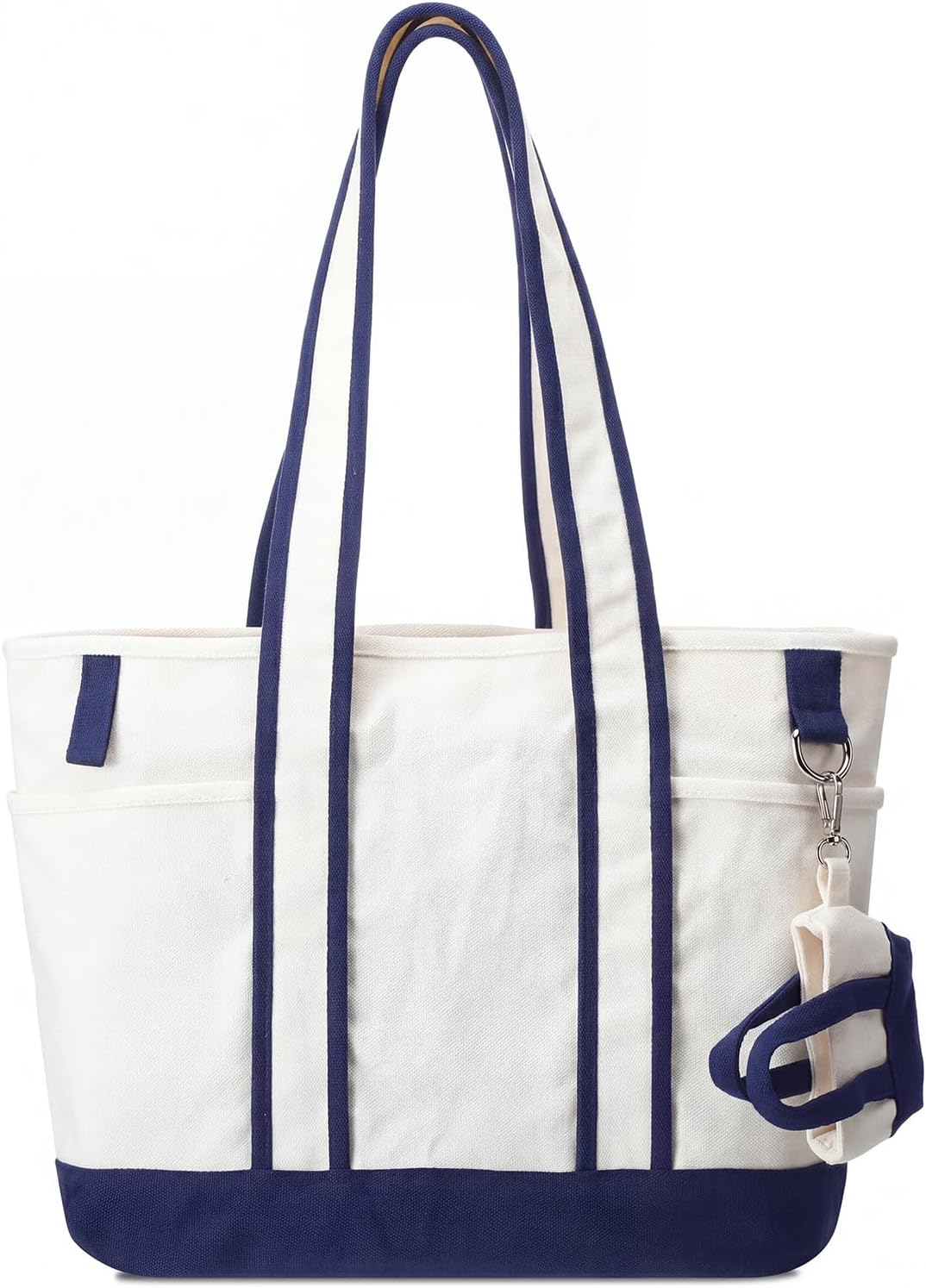 Collegiate Canvas Tote Bag with Cup Holder Navy Blue Reusable Shoulder Bag External Pocket for Women Travel Work DIY Handbag