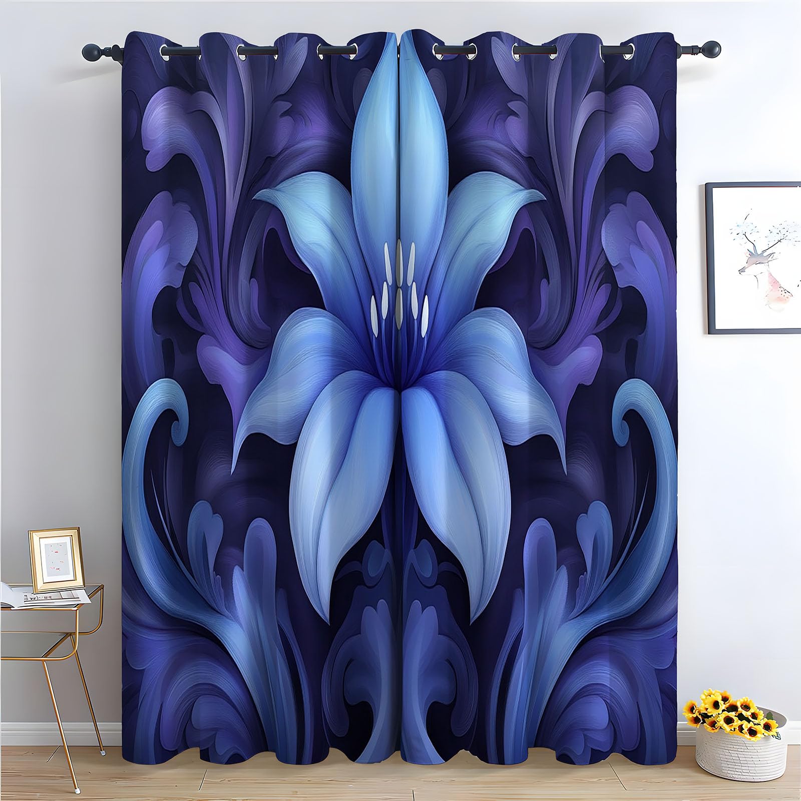 WIKEO Curtains for Living Room Retro Beautiful Flowers Blackout Grommet Drapes Printed Pattern Floral Window Curtain Panels for Bedroom Aesthetic, 2 Panels Set-52 W x 96" L (Pack of 2)
