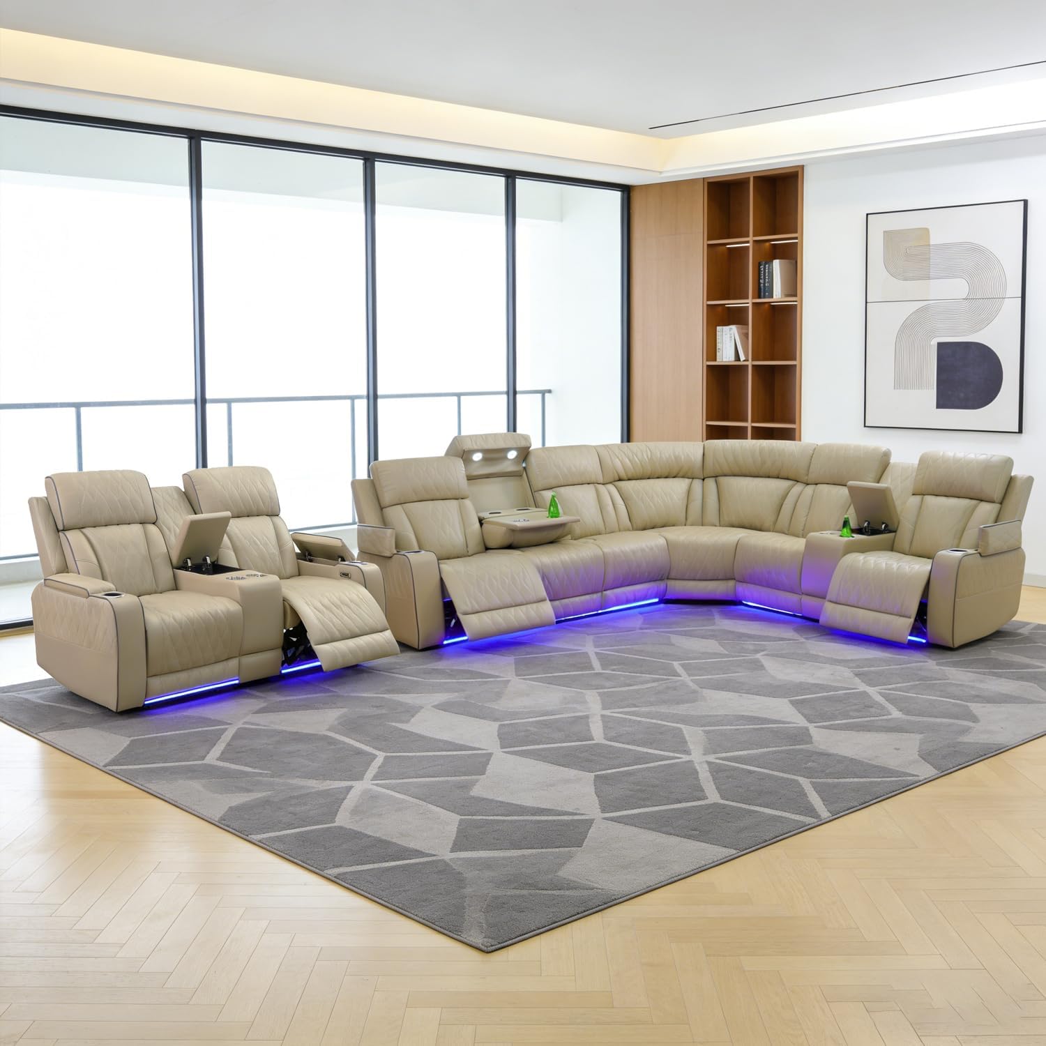 Power Recliner Sectional Sofa Set, Beige Leather Sectional Couch and Loveseat for Living Room, L Shape Reclining Sofa with Cup Holder, Hidden Storage, Drop-Down Table for House(8 Seat)