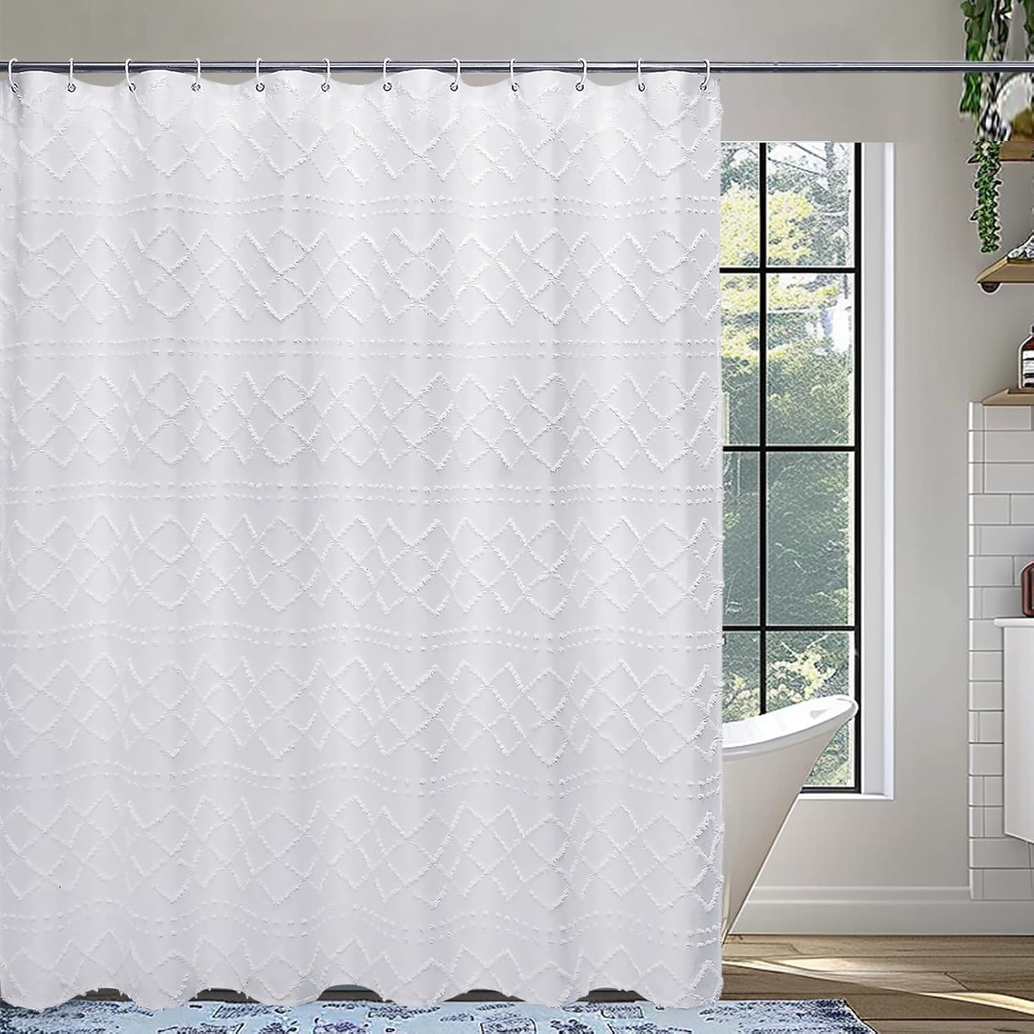 Lecloud White Fabric Shower Curtain 72x72 Inches, Boho Tufted Plaid Striped Shower Curtain Set for Bathroom, Chic Textured Cloth Shower Curtain