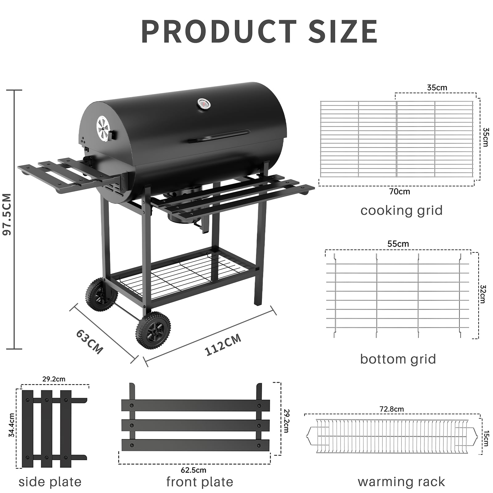 TEENO Grand Barbecue Charbon de Bois XXL,Thermomètre | Tiroir à Cendres,Gants anti-brûlures, Évent Réglable,Grand Barbecue au Charbon de Bois (Avec couvercle en tissu)