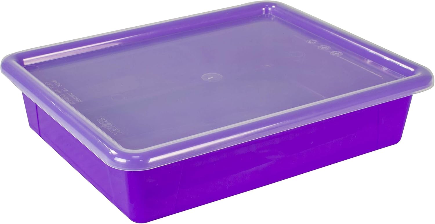 Storex Letter Size Flat Storage Tray – Organizer Bin with Non-Snap Lid for Classroom, Office and Home, Violet, 5-Pack (62540U05C)