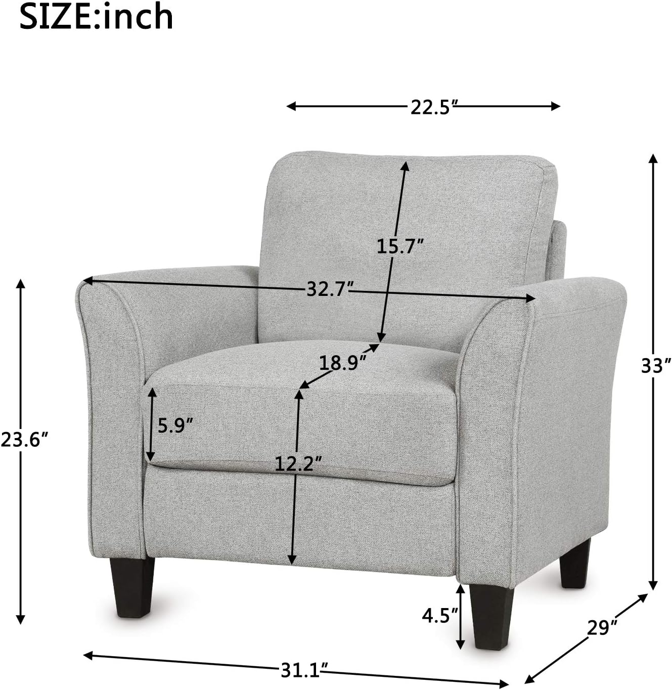 Merax Sofa Couch Single Seat Sofa with Armrest for Living Room Furniture (Single Seat, Light Gray)