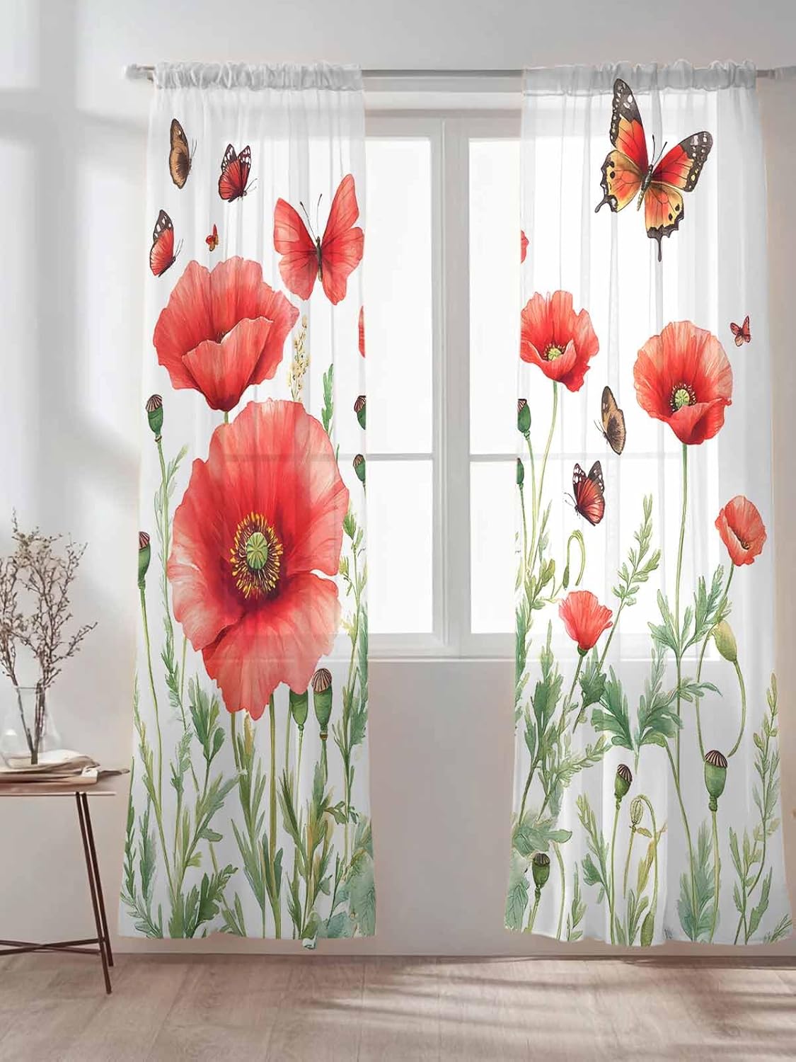 Spring Floral Sheer Curtains 84 Inch Long 2 Panels, Red Flower Sage Green Leaves Light Filtering Rod Pocket Semi Sheer Curtains, Butterfly Sheer Voile Drapes for Living Room Bedroom, 52"x84"