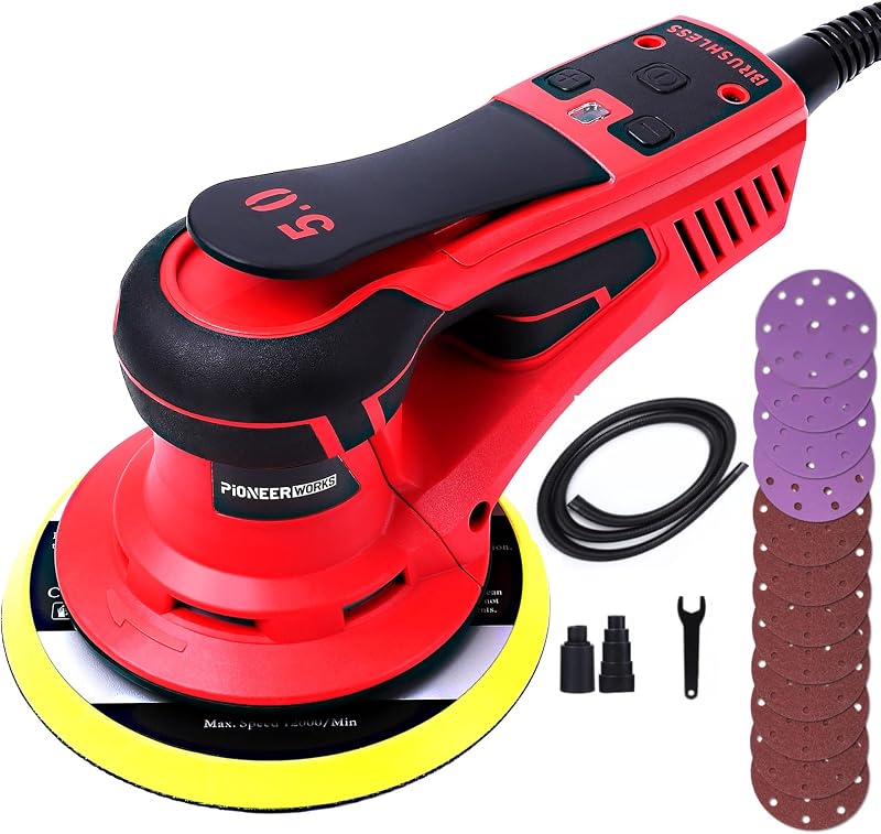 Electric Random Orbital Sander, PioneerWorks Brushless Motor Palm Sander | 6 Inch Powerful 350W Low Vibration Electric Sander, 10000 RPM Variable Speed For Woodworking Polishing Sanding Carpentry