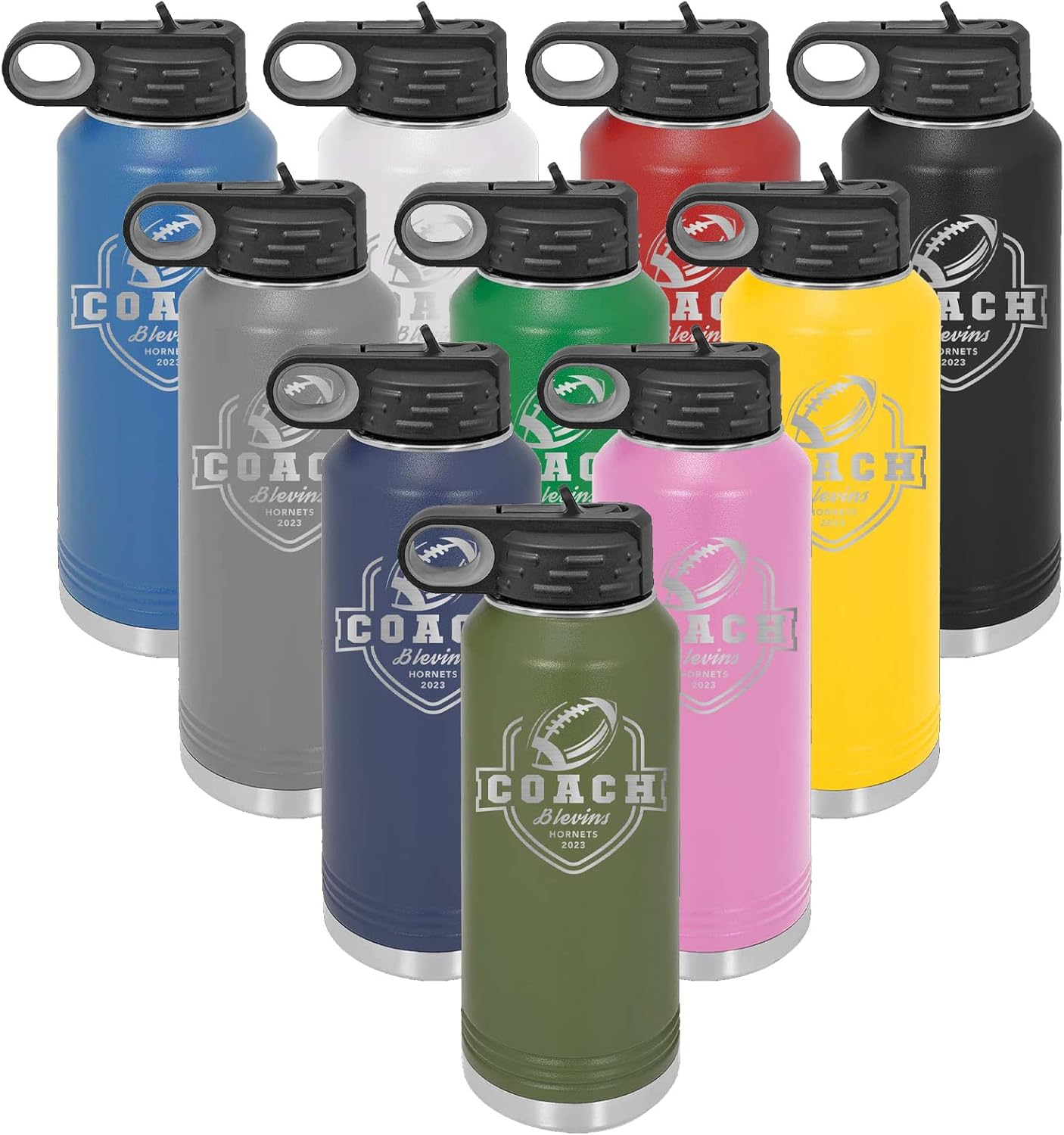 Mato & Hash 32oz Football Coach Laser Engraved Water Bottle Black LASLWB202 Coach S5