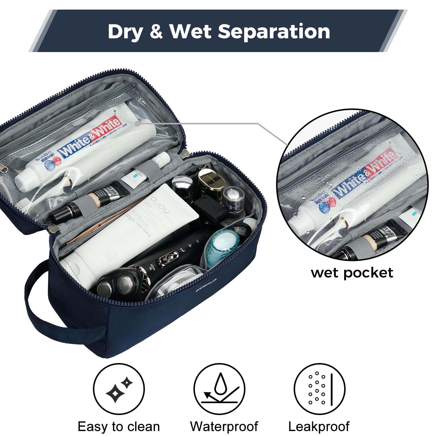 ECOHUB Borsa da Toilette da Viaggio Donna, Borsa da Barba per Uomo, Trousse de Toilette con Separazione Asciutto-Bagnato, Organizzatore di articoli da Toeletta, Brevetto Pendente(Blu scuro)