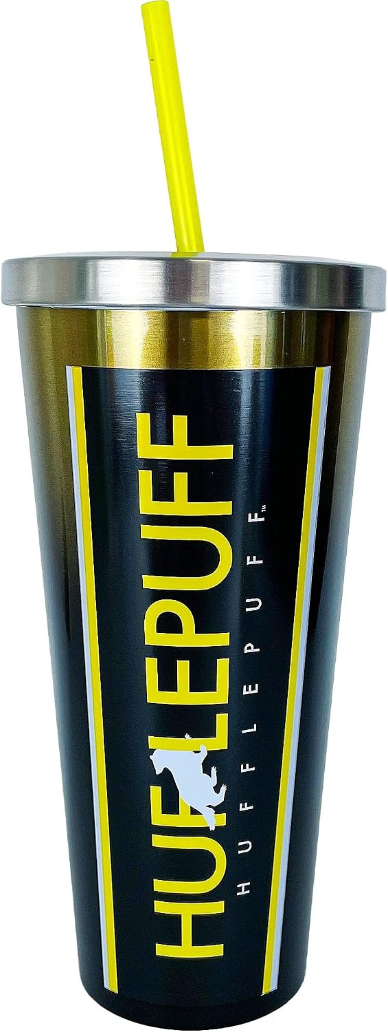 Spoontiques Harry Potter Stainless Steel Tumbler, 24oz - Double Wall Insulated Travel Cup with Straw - Hufflepuff