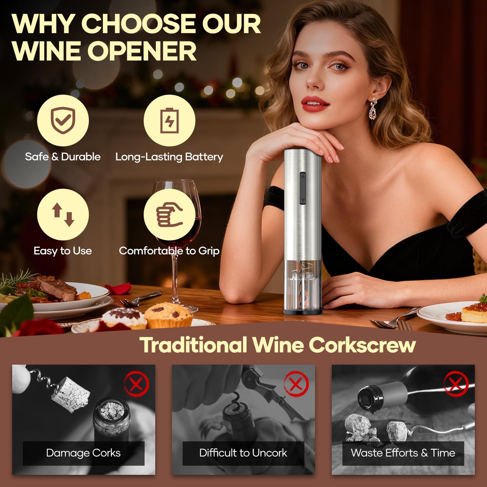 Cavatappi Elettrico Automatico 6-in-1, Apribottiglie per Vino con Tagliacapsule, Pompa a Vuoto e Versatoio, Ricaricabile USB