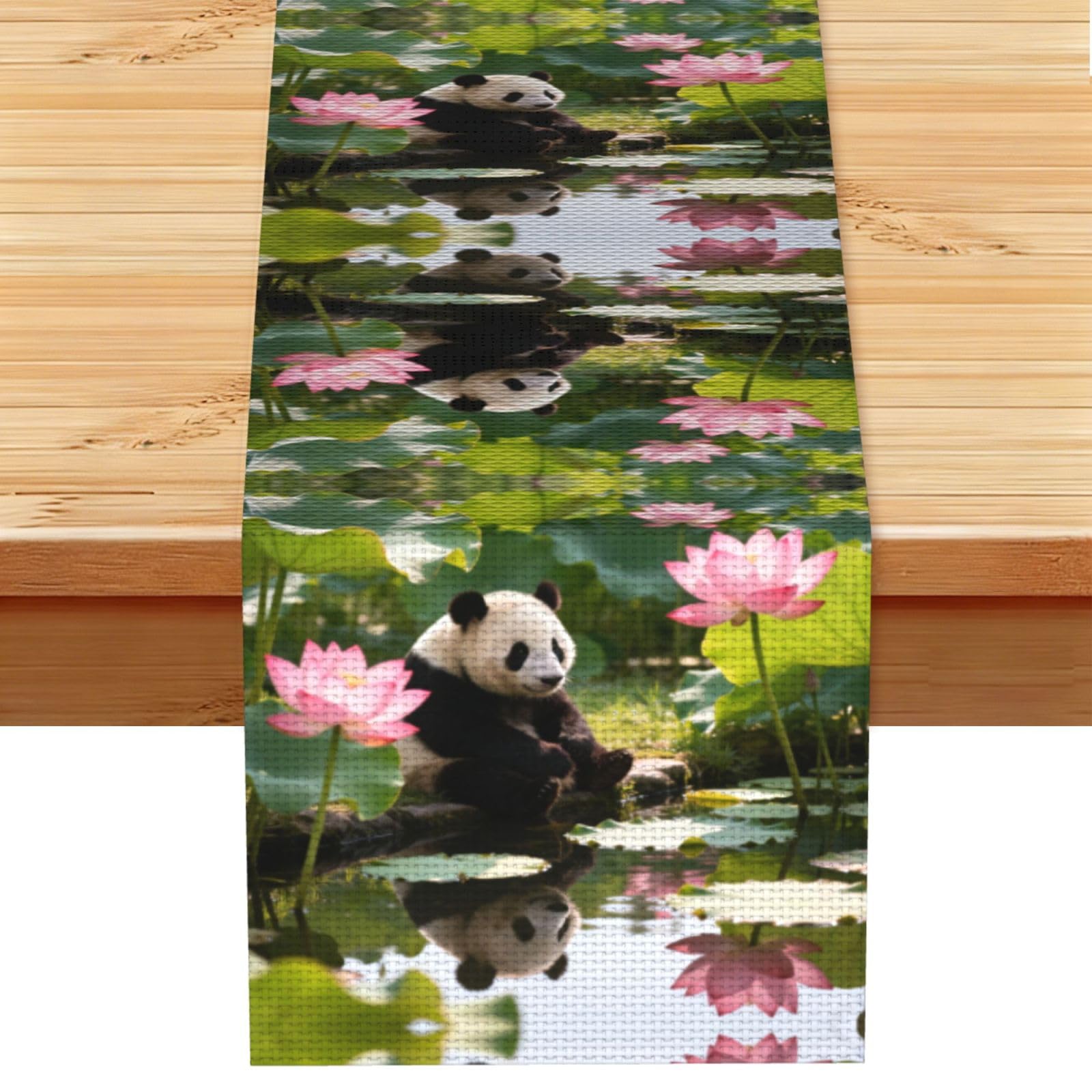 Panda Lotus Pond Linen Look Table Runner 13x72-Wrinkle Resistant Farmhouse Style for Dining Table Decor