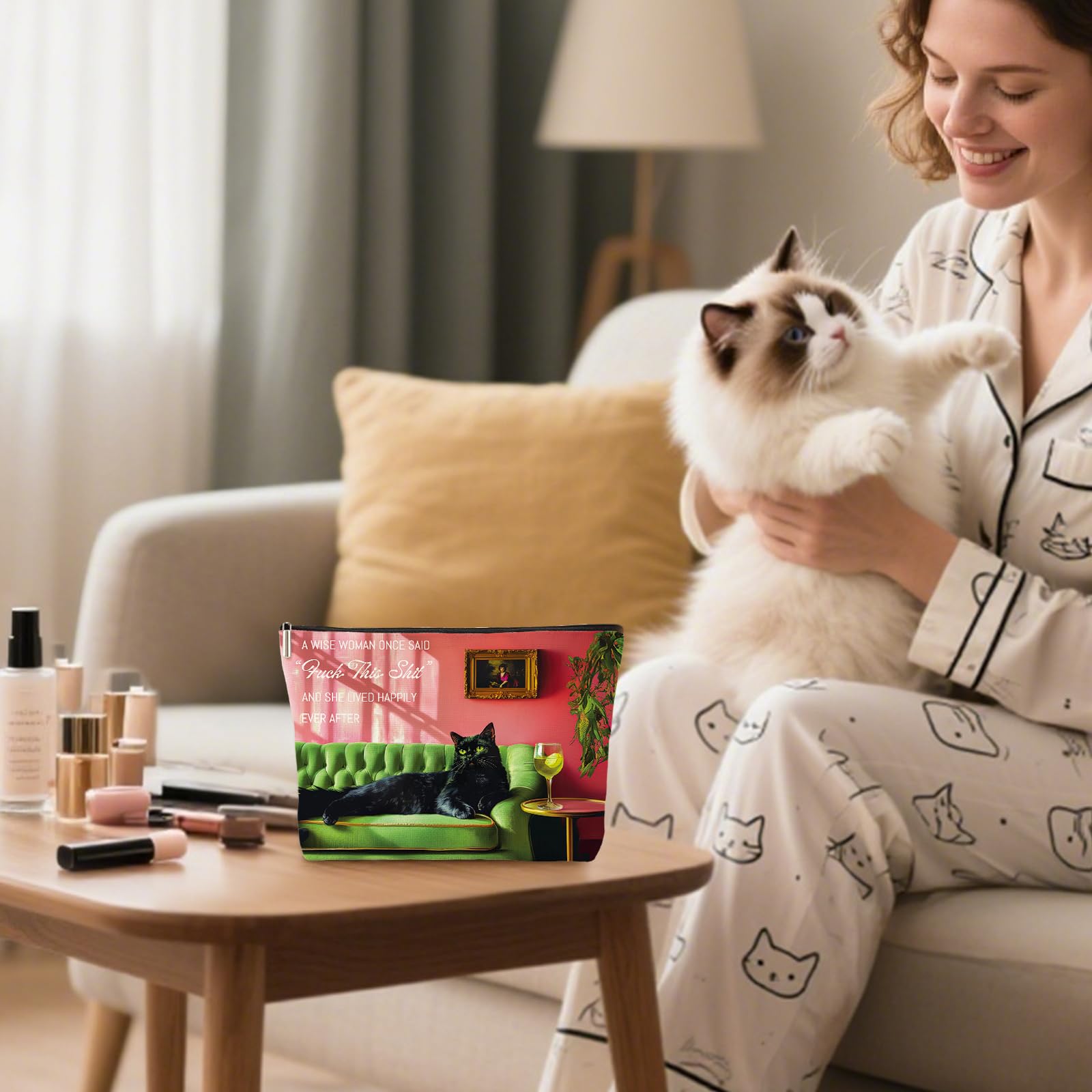 Joybble Makeup Bag, Cat Make up Bags for Women Girls Cat Gifts for Women Small Flat Lay Makeup Bag - Image 2
