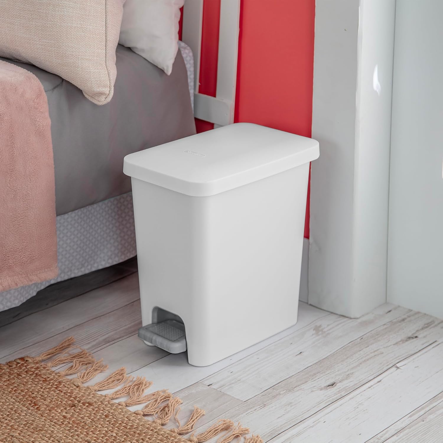 Sterilite 2.7 Gallon Rectangular StepOn Wastebasket, Small, White lid and base with Titanium pedal and Liner