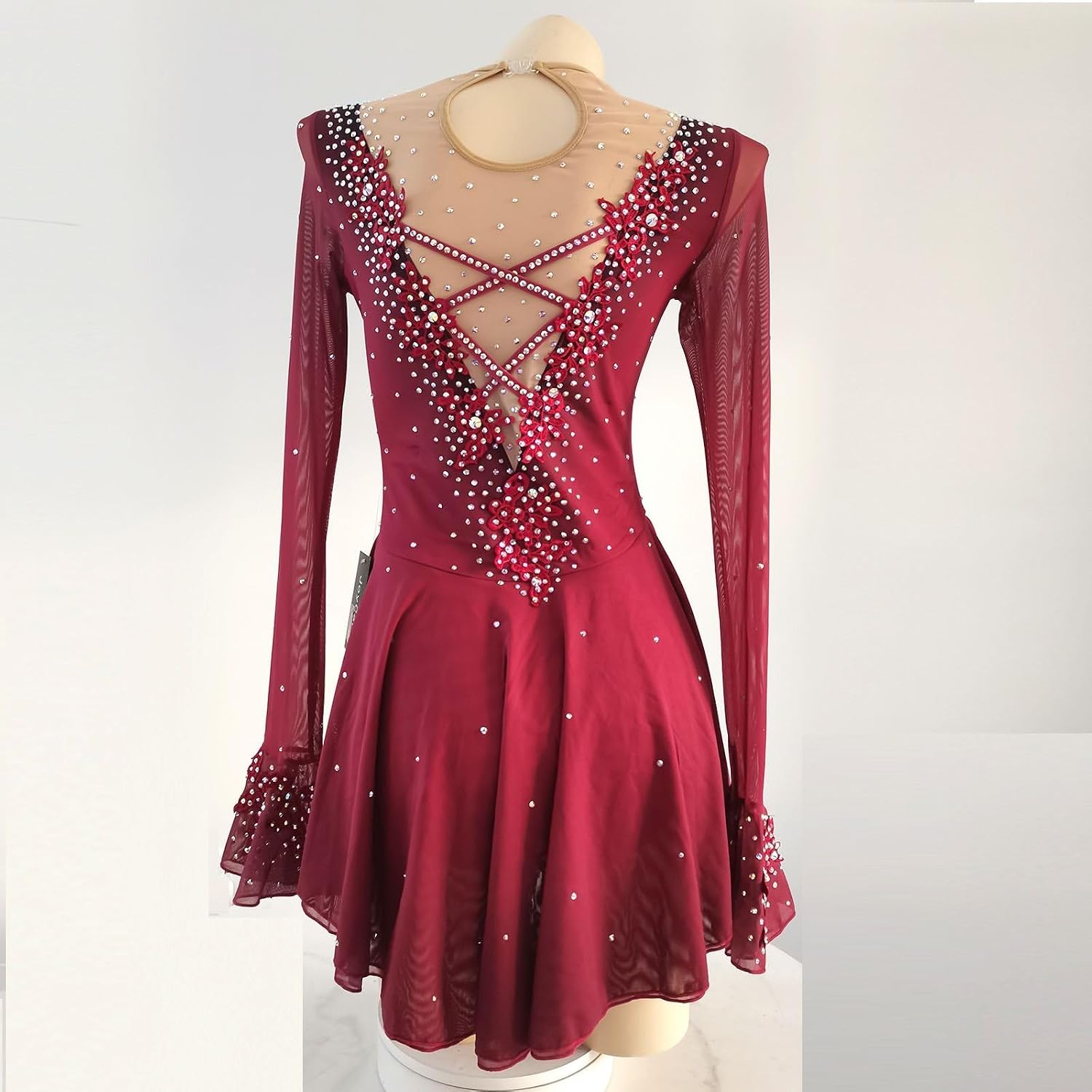 LIUHUO Ice Figure Skating Dress Girls' Elegant Red Appliqué Crystal Long Sleeves Competition Performance