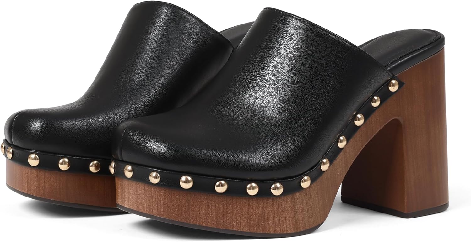 Oiamenne Womens Platform Clogs Mules Chunky High Heeled Sandals Round Toe Slip On Slides Rivet Studded Heels for Women Casual Comfy Shoes