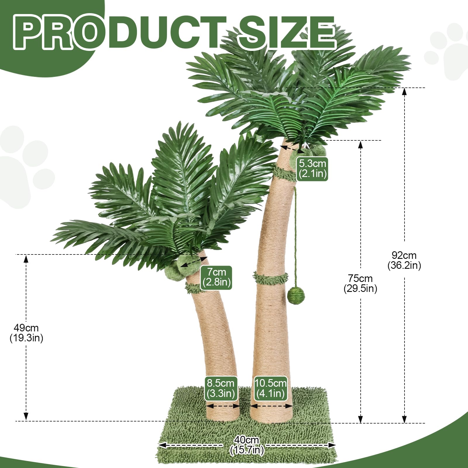 Poste rascador para gatos de palmera, poste rascador para gatos de 36 pulgadas con cuerda de sisal natural, 5 bolas interactivas y 2 postes rascadores de diseño curvado para gatos de interior, adultos