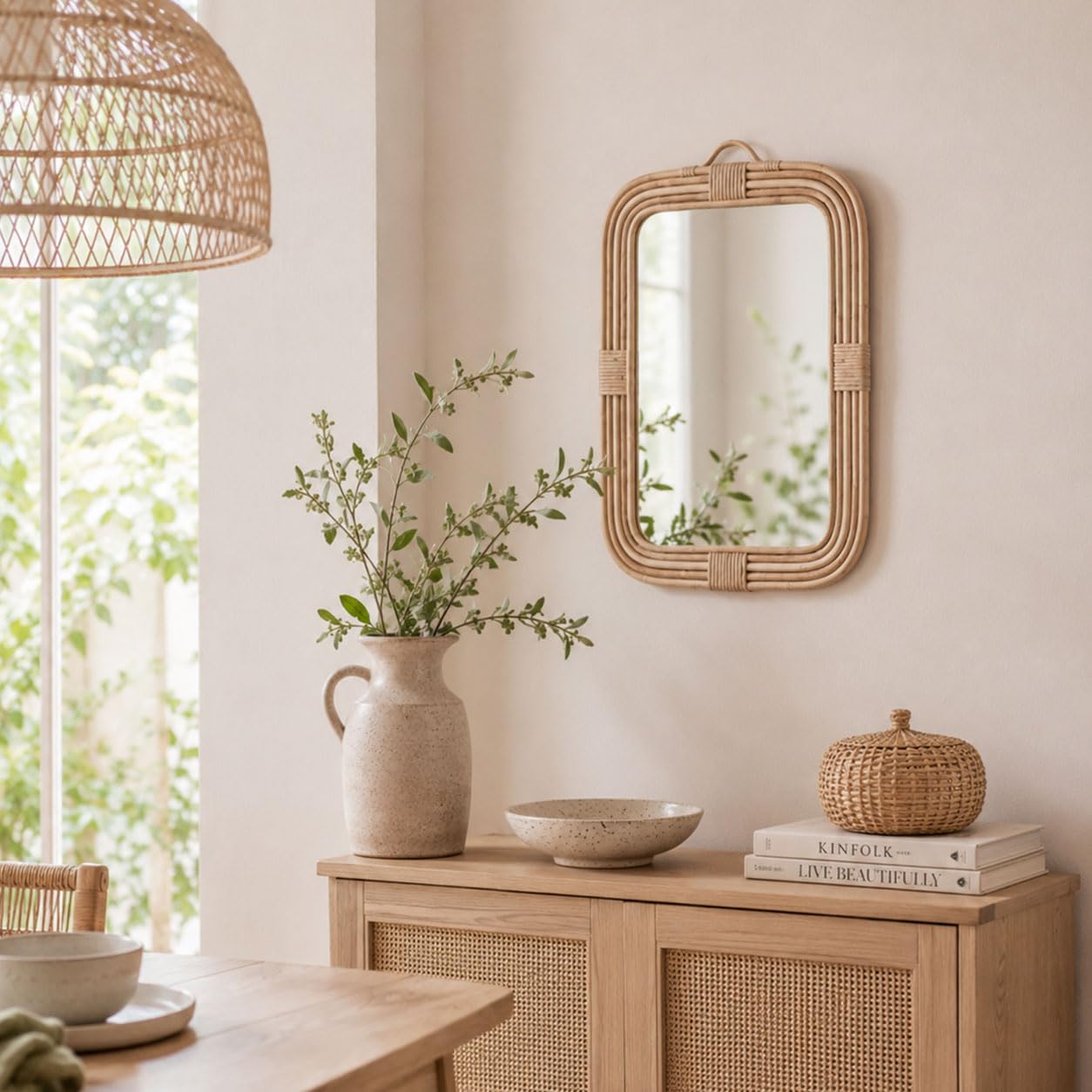 Decorasian Specchio da parete in rattan, rettangolare (50 x 35 cm), intrecciato a mano, design bohémien, decorazione da parete sostenibile per il corridoio