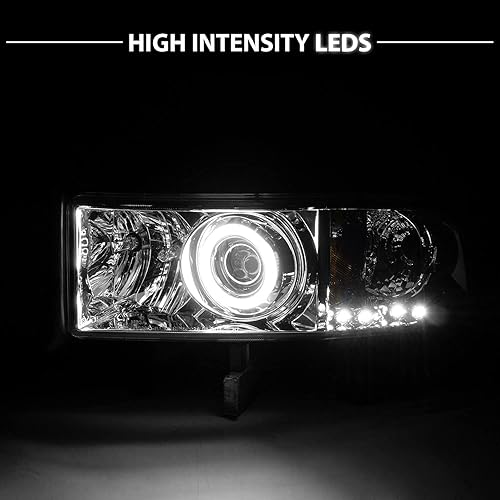 Miniatura 7 de AmeriLite Juego de faros delanteros de repuesto para Dodge Ram 1500 1994-2001  Ram 2500 3500 Dual Xreme LED Halo Rings Proyector cromado - Lado del