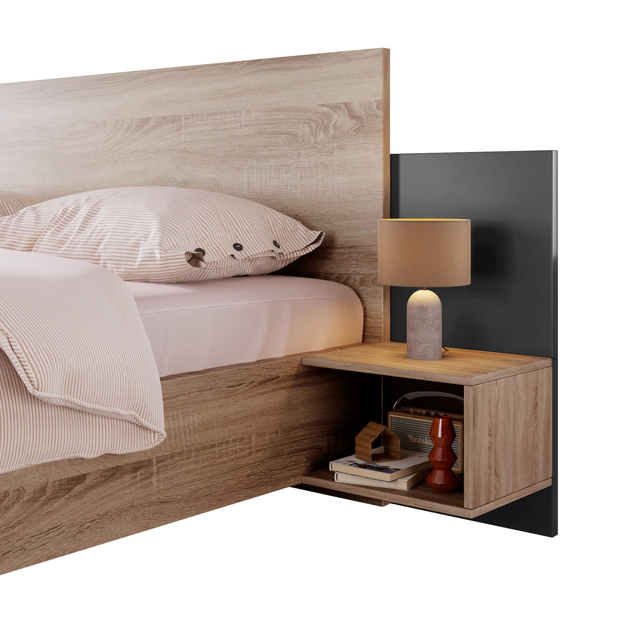 Elegante cama de matrimonio de 160 x 200 cm, con 2 cómodas de noche, cama moderna para dormitorio, juego completo de 205,5 x 235 x 76,5 cm (alto x ancho x alto) en roble Sonoma (sin colchón)